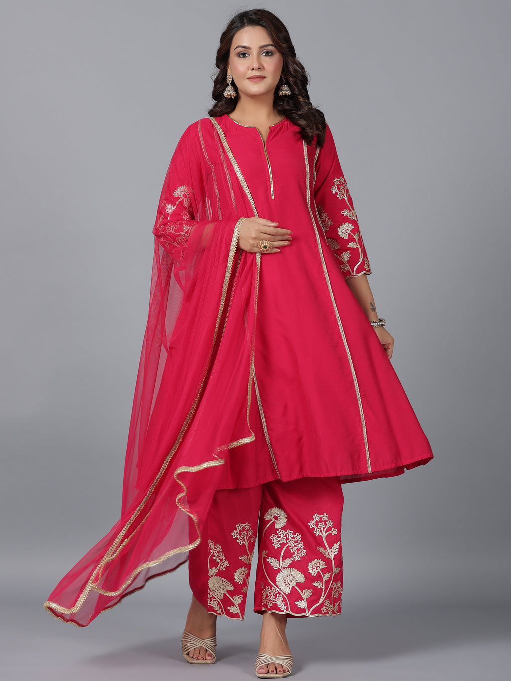 Juniper Women Fuchsia Chanderi Gota Patti Kurta, Palazzo & Dupatta Set