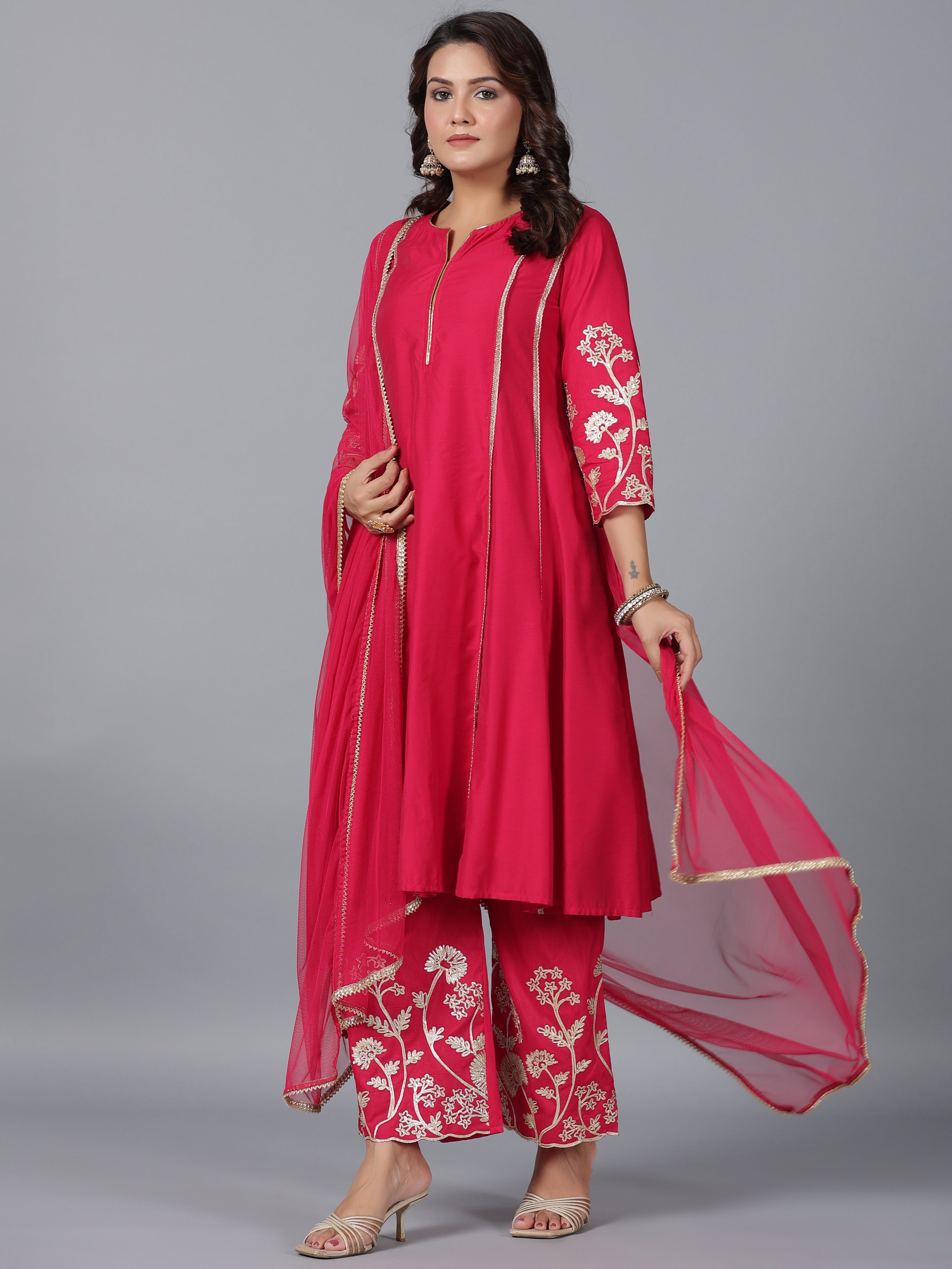Juniper Women Fuchsia Chanderi Gota Patti Kurta, Palazzo & Dupatta Set