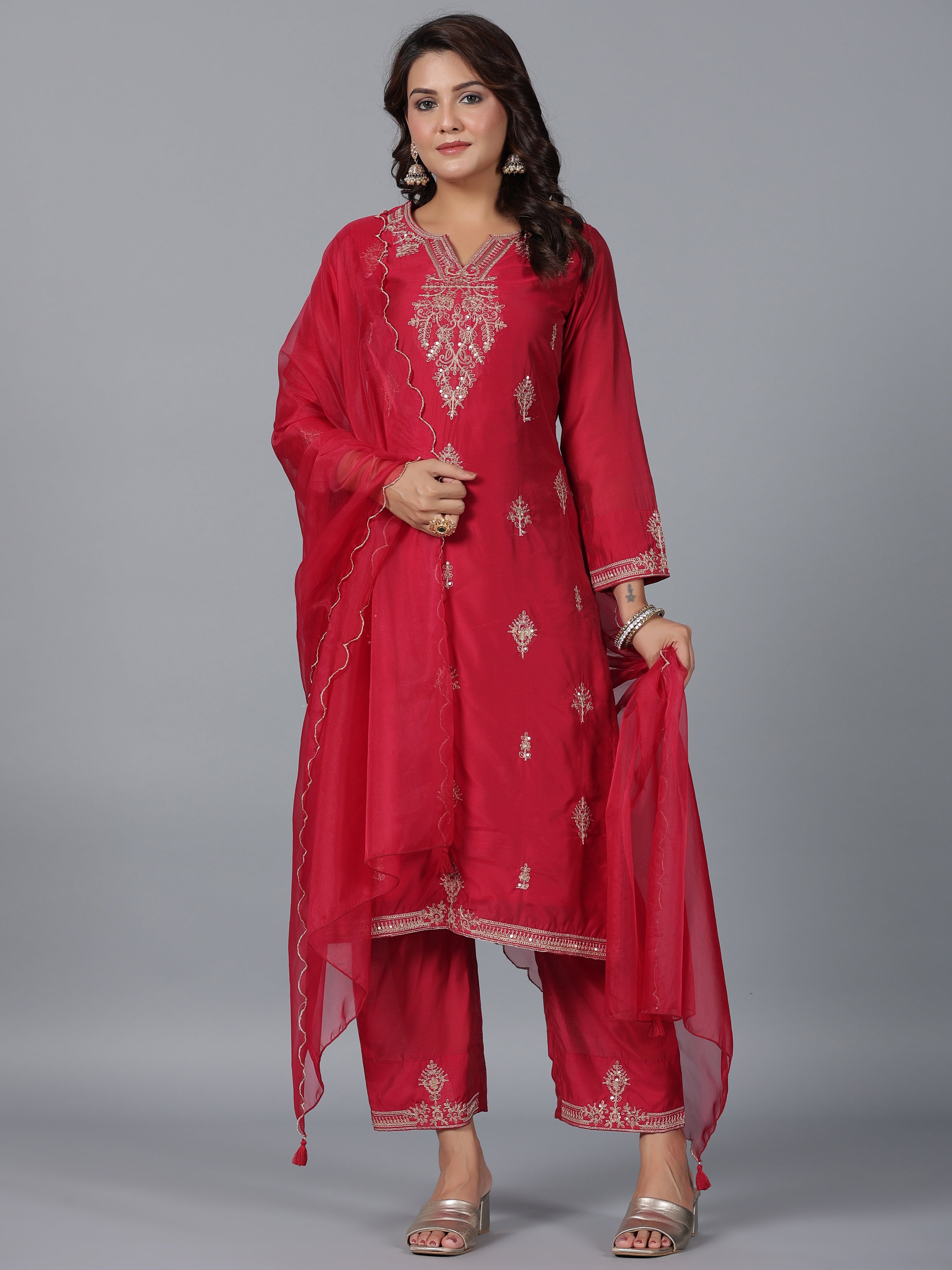 Juniper Women Red Chanderi Embroidered Kurta, Pants & Dupatta Set