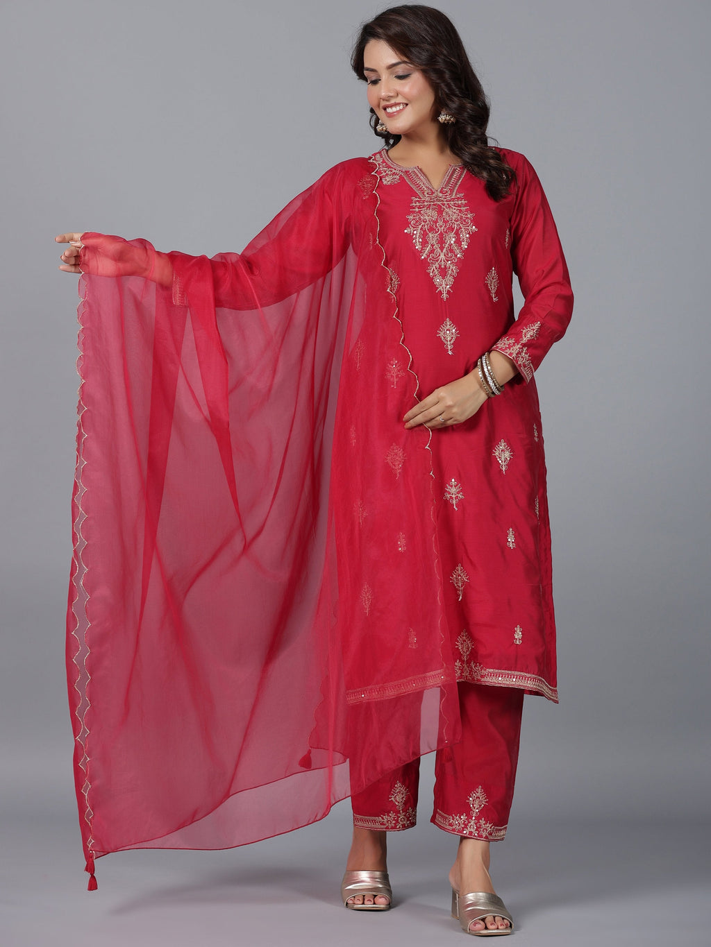 Juniper Women Red Chanderi Embroidered Kurta, Pants & Dupatta Set