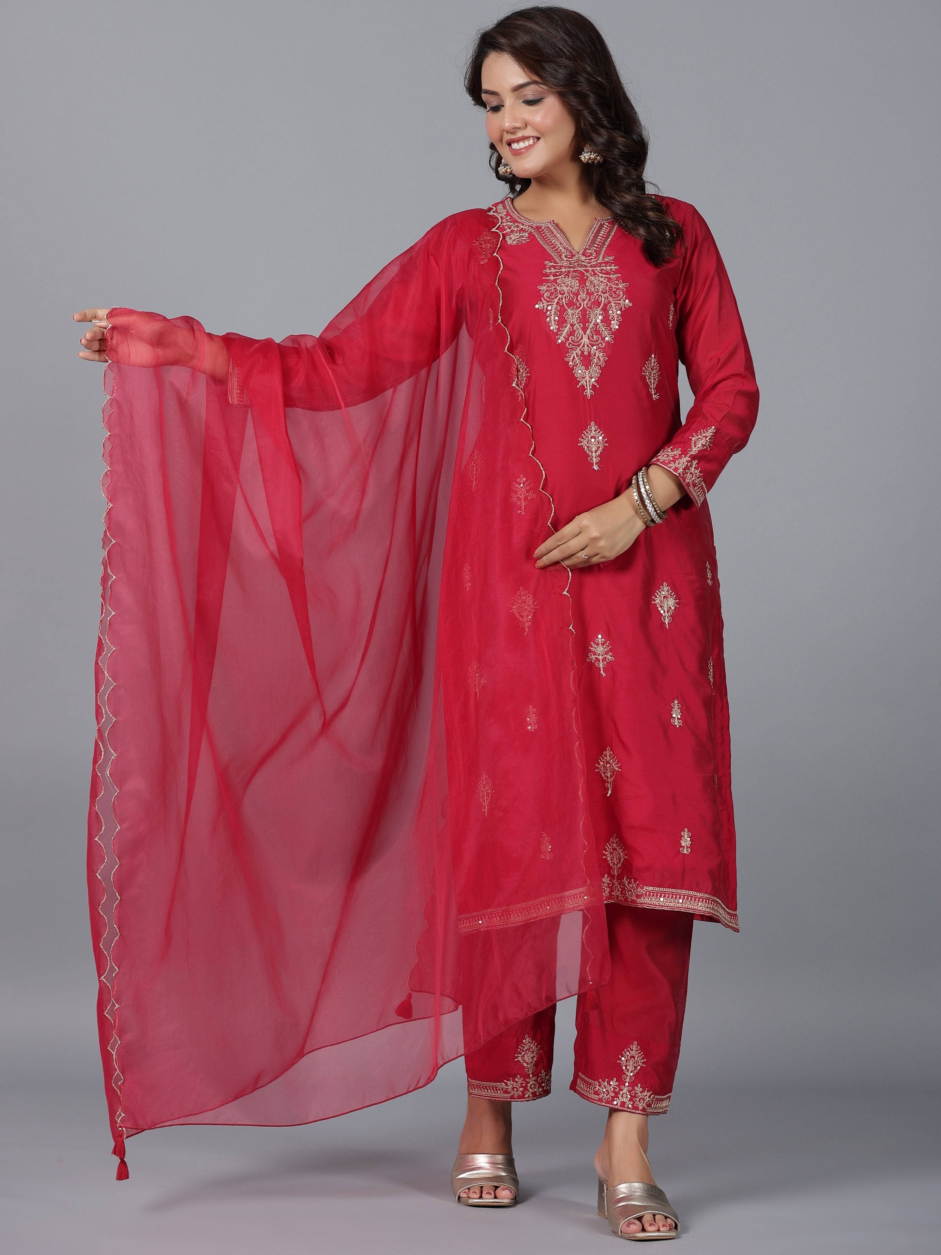 Juniper Women Red Chanderi Embroidered Kurta, Pants & Dupatta Set