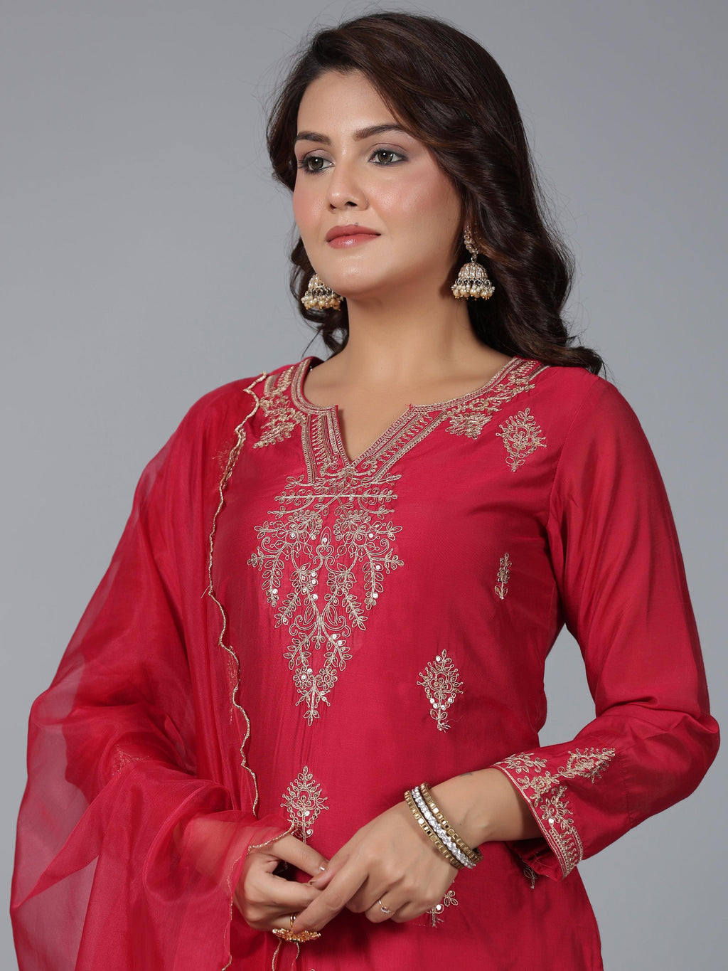 Juniper Women Red Chanderi Embroidered Kurta, Pants & Dupatta Set