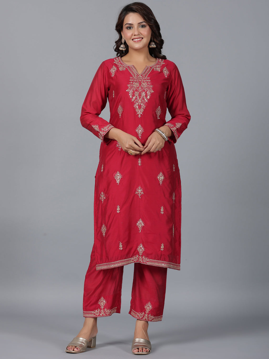 Juniper Women Red Chanderi Embroidered Kurta, Pants & Dupatta Set