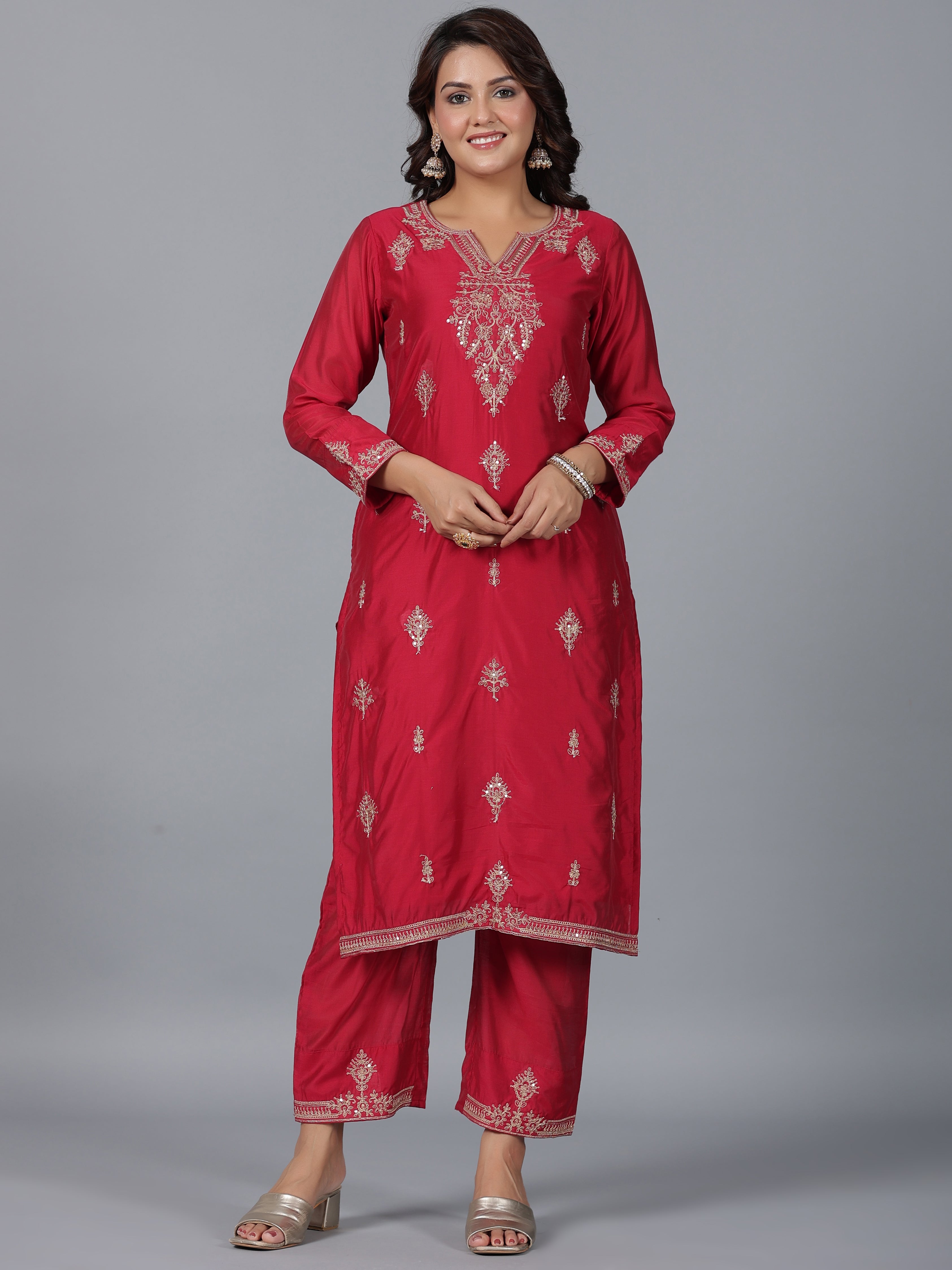 Juniper Women Red Chanderi Embroidered Kurta, Pants & Dupatta Set