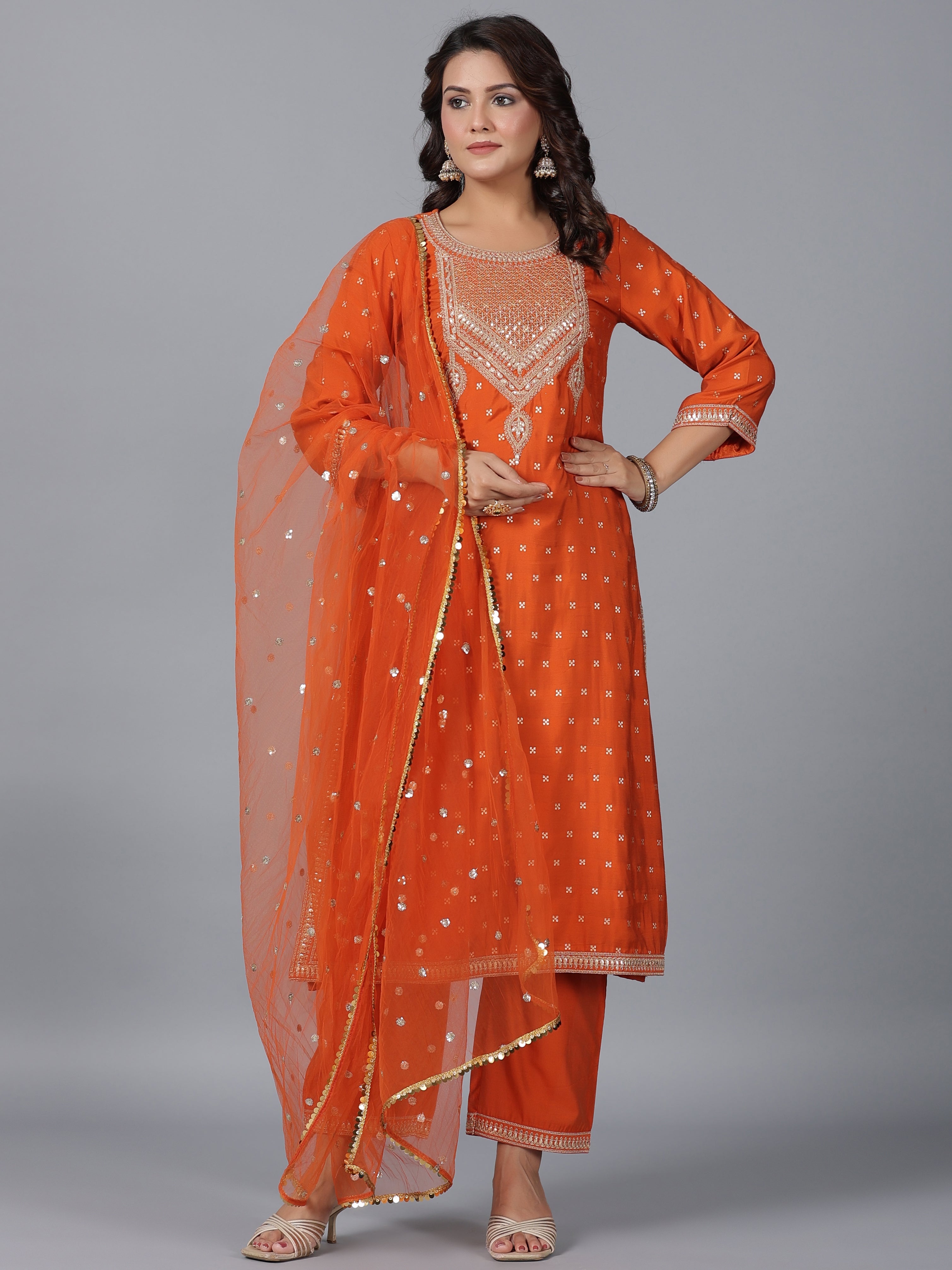 Juniper Women Orange Chanderi Embroidered Kurta, Palazzo & Dupatta Set