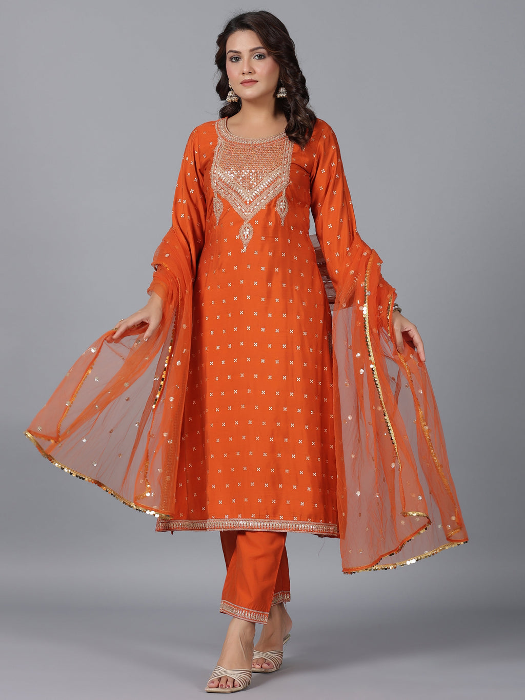 Juniper Women Orange Chanderi Embroidered Kurta, Palazzo & Dupatta Set