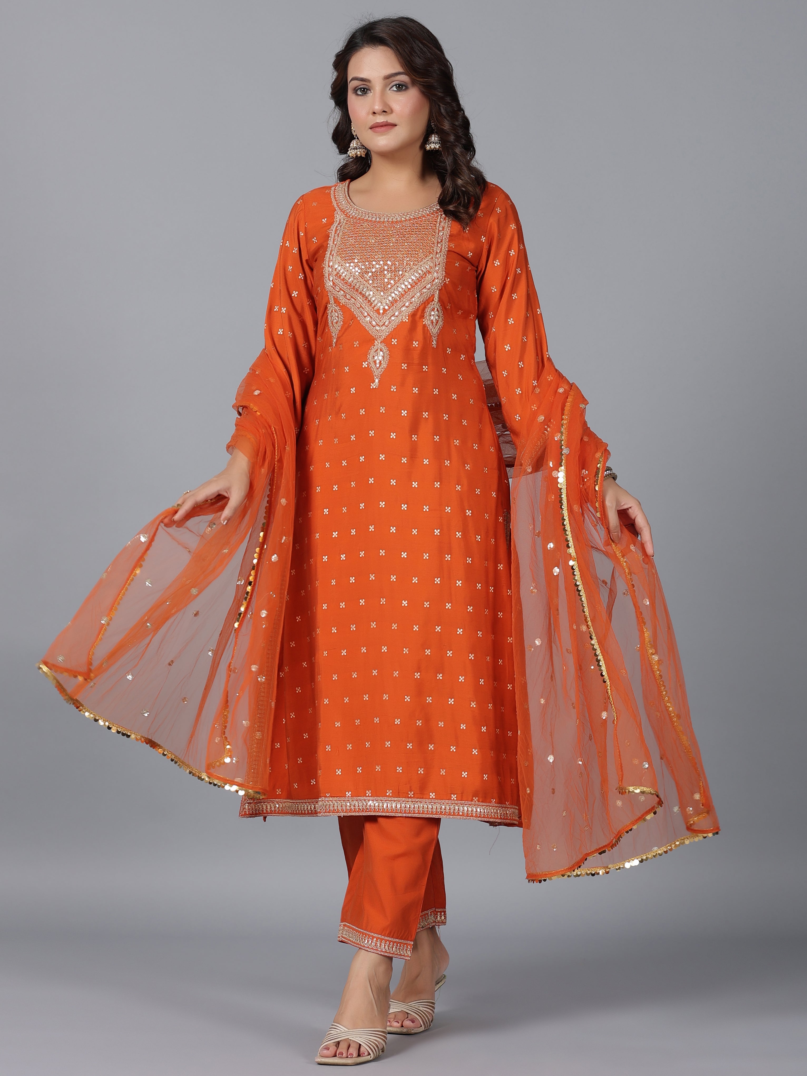 Juniper Women Orange Chanderi Embroidered Kurta, Palazzo & Dupatta Set