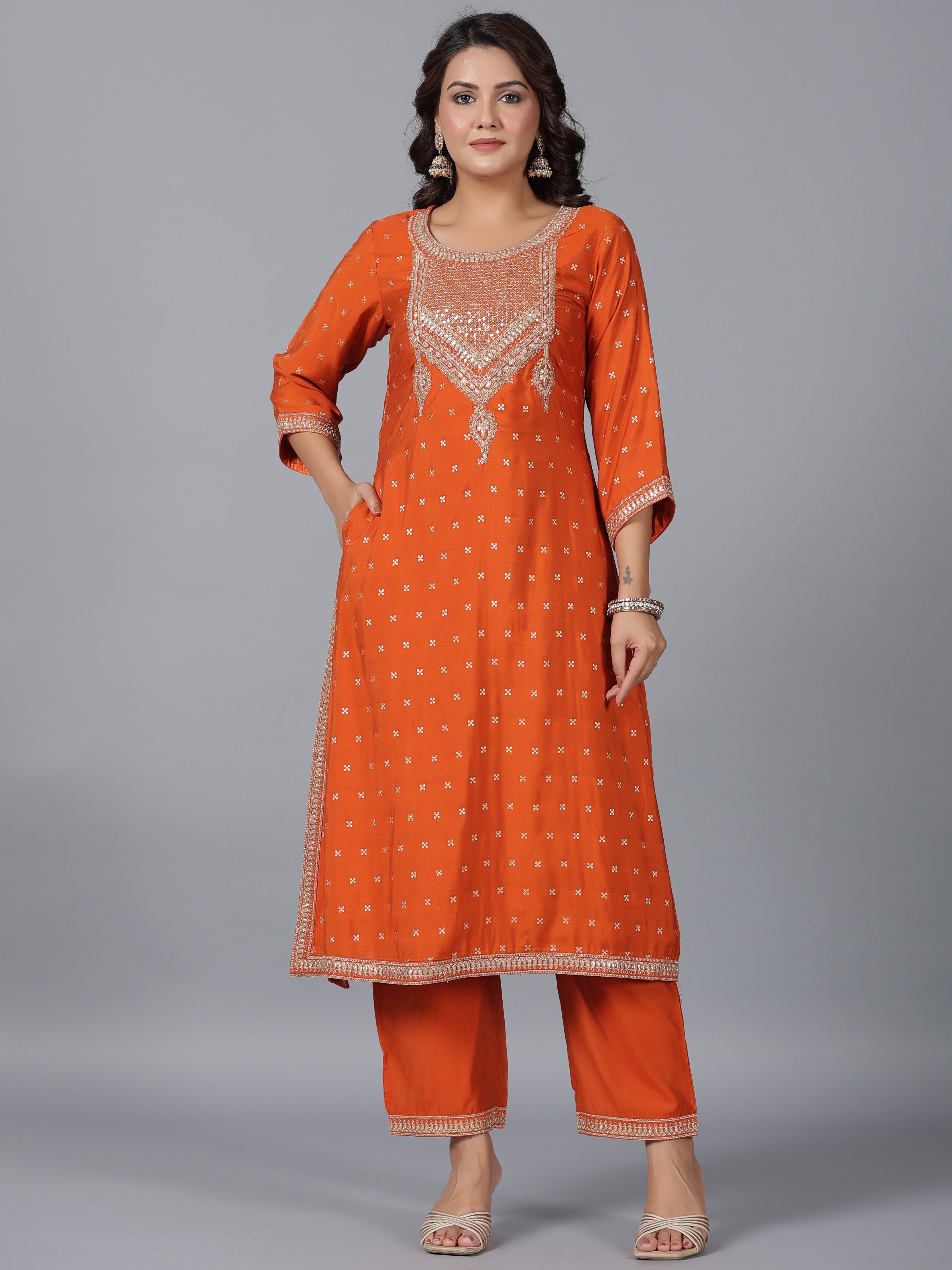 Juniper Women Orange Chanderi Embroidered Kurta, Palazzo & Dupatta Set