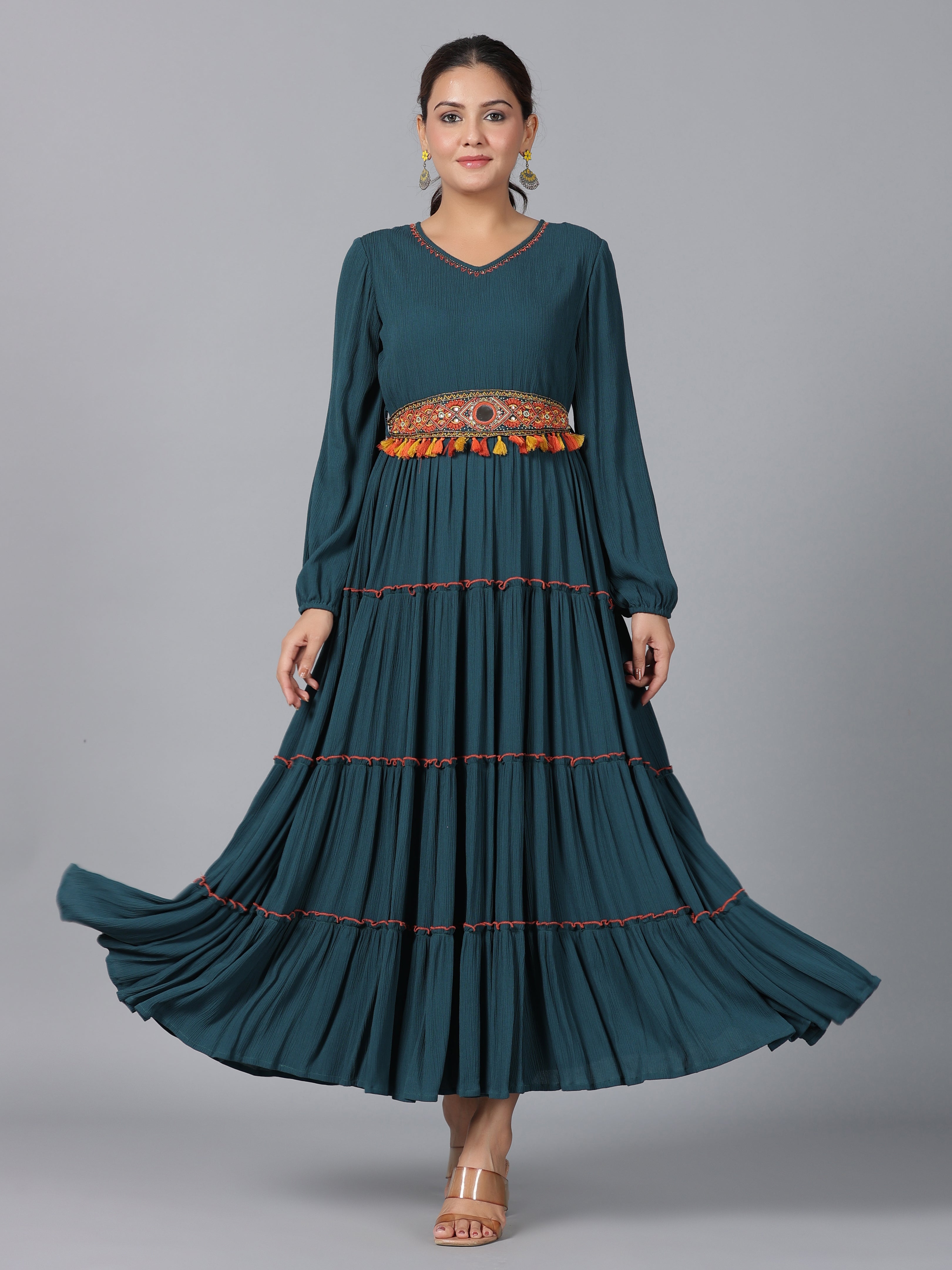 Juniper Women Bottle Green Rayon Crepe Tiered Maxi Dress