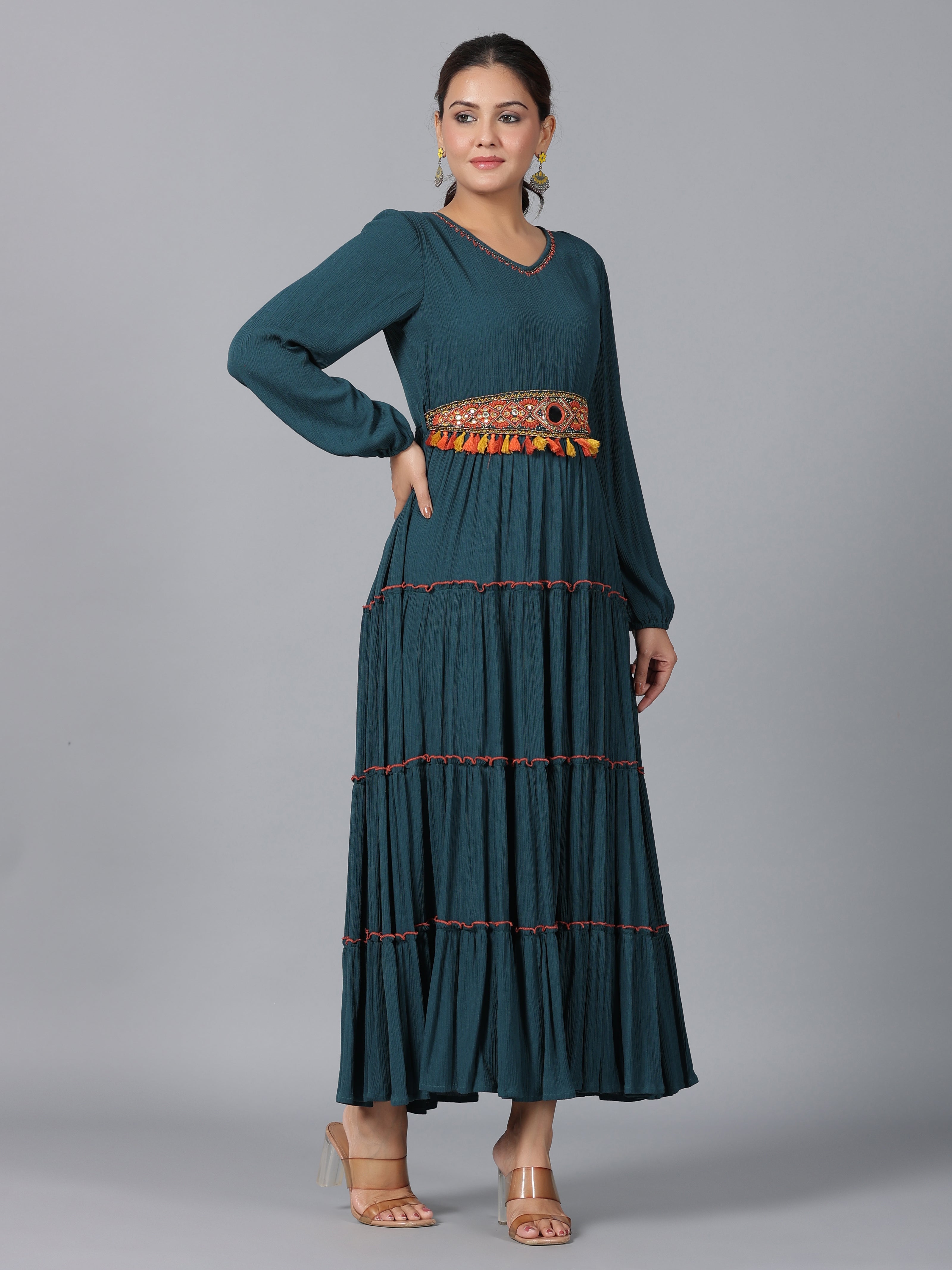 Juniper Women Bottle Green Rayon Crepe Tiered Maxi Dress