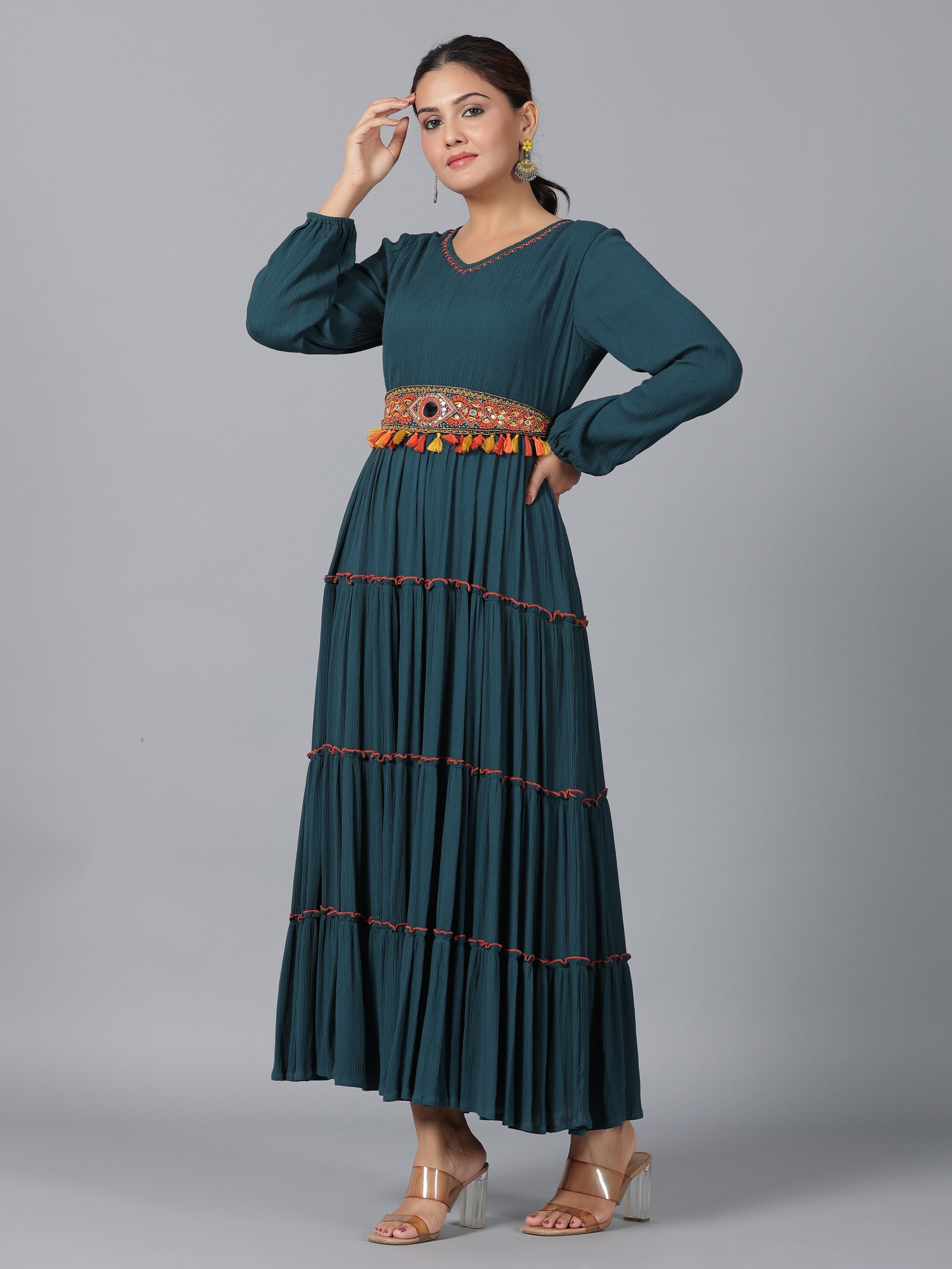 Juniper Women Bottle Green Rayon Crepe Tiered Maxi Dress