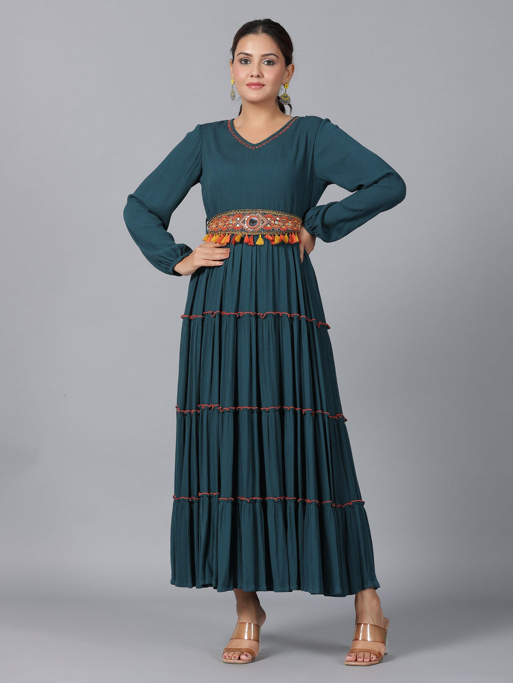 Juniper Women Bottle Green Rayon Crepe Tiered Maxi Dress