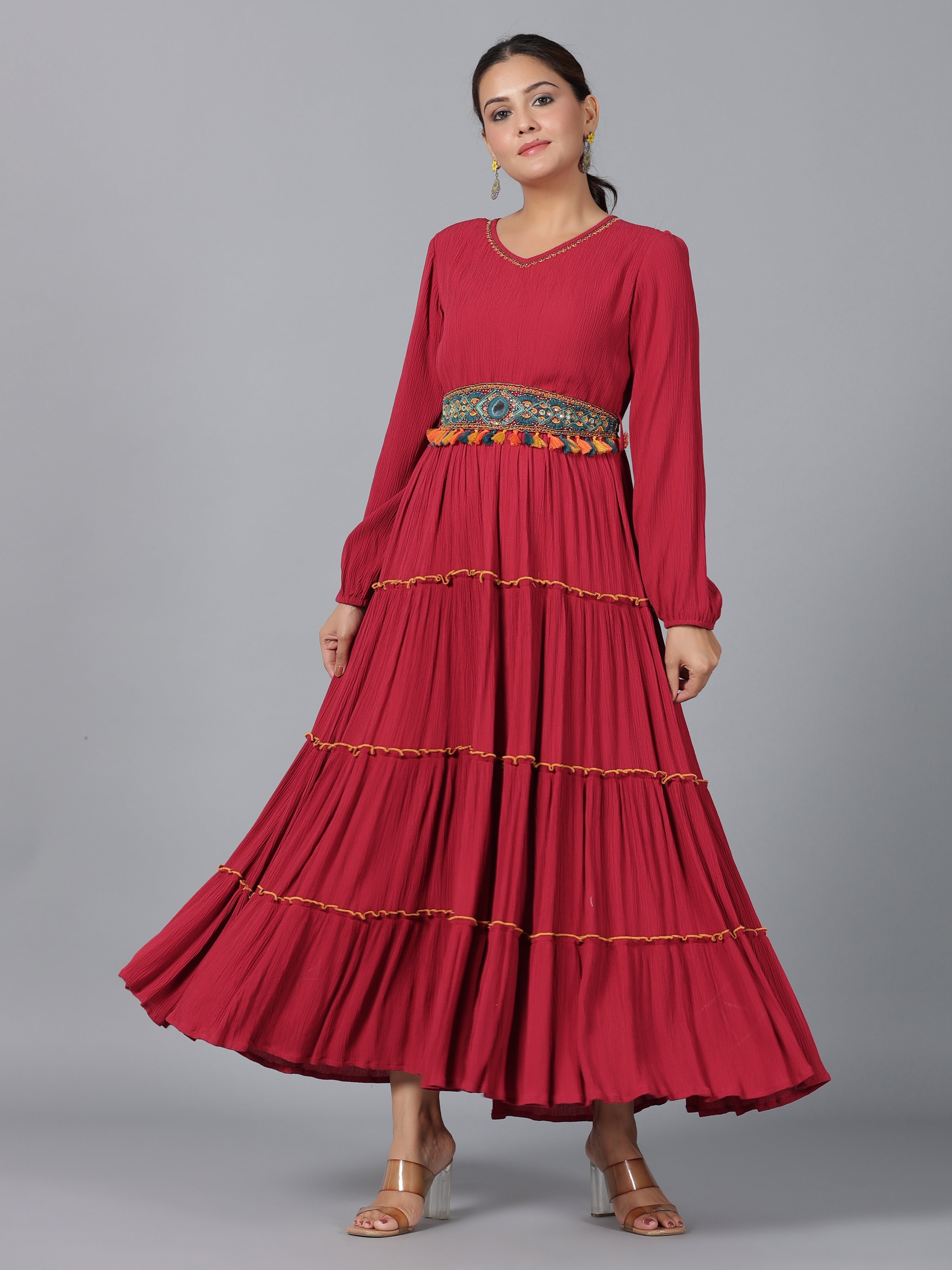 Juniper Women Maroon Rayon Crepe Tiered Maxi Dress