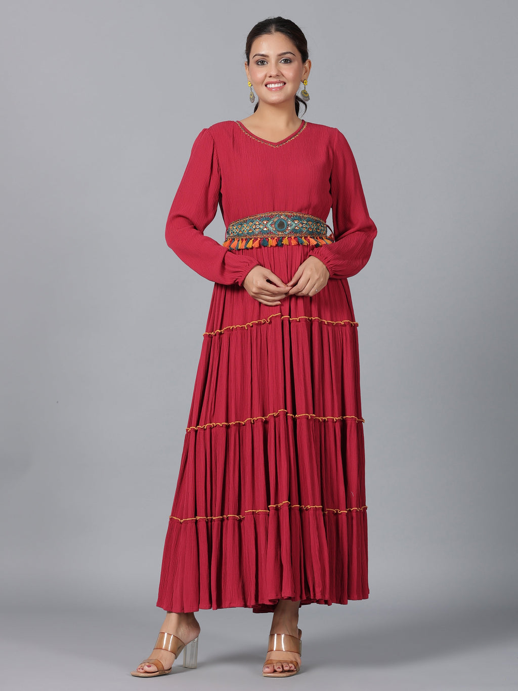 Juniper Women Maroon Rayon Crepe Tiered Maxi Dress