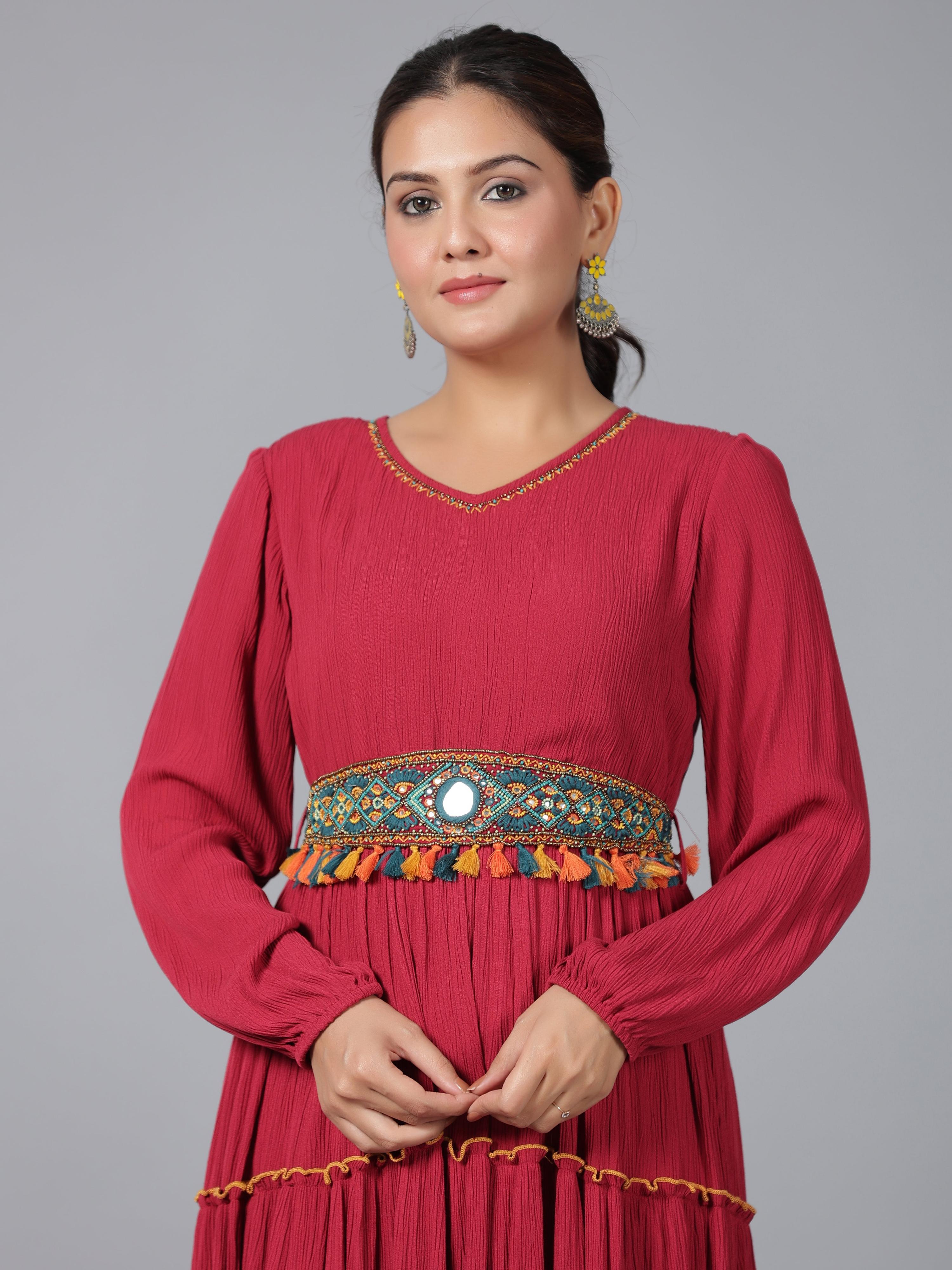 Juniper Women Maroon Rayon Crepe Tiered Maxi Dress