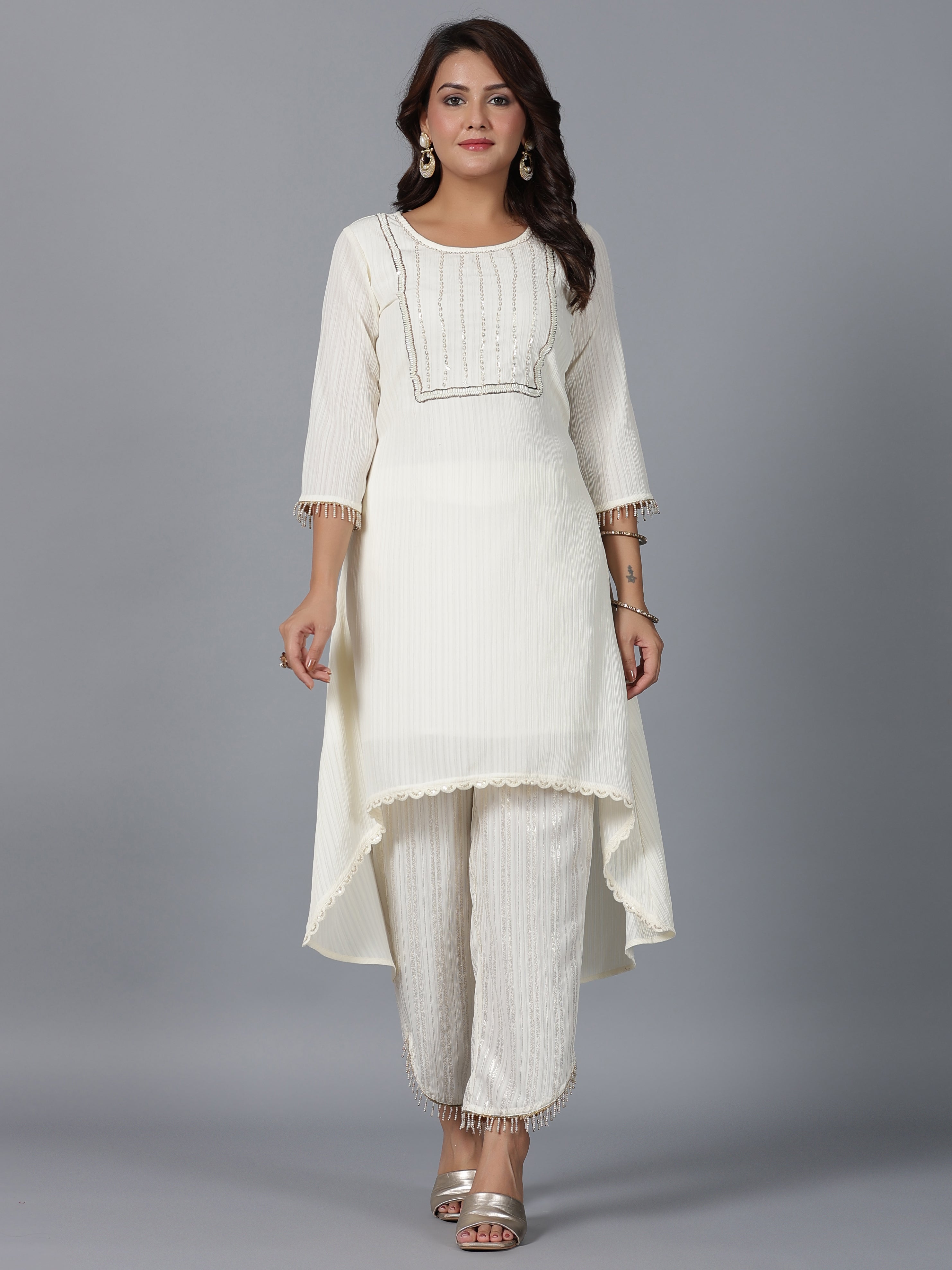 Juniper Women Ivory Magnus Embellished High-Low Kurta and Pants Set