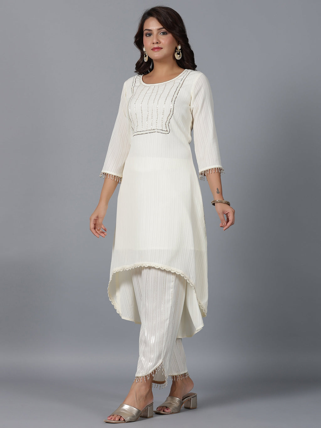 Juniper Women Ivory Magnus Embellished High-Low Kurta and Pants Set