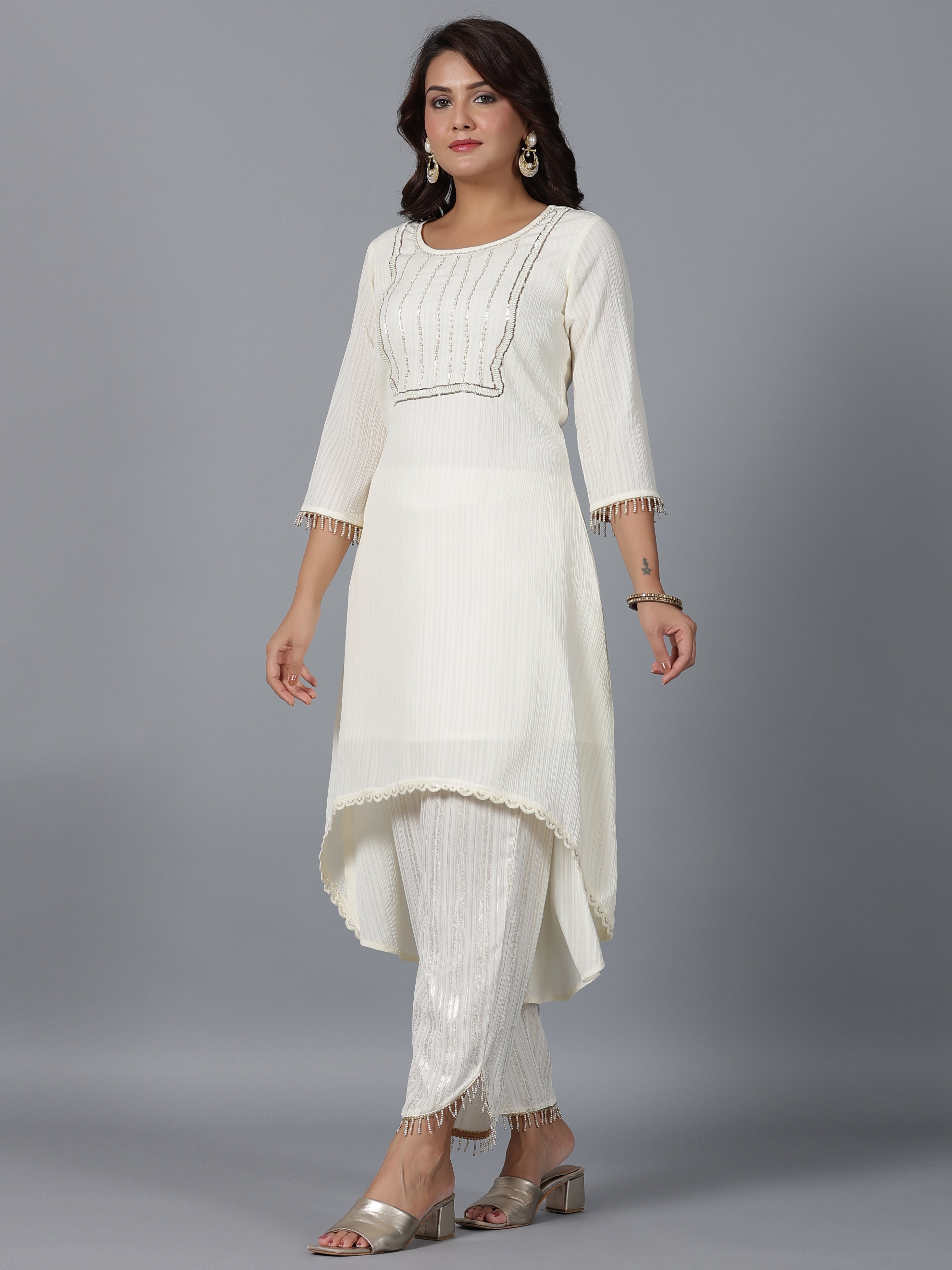 Juniper Women Ivory Magnus Embellished High-Low Kurta and Pants Set