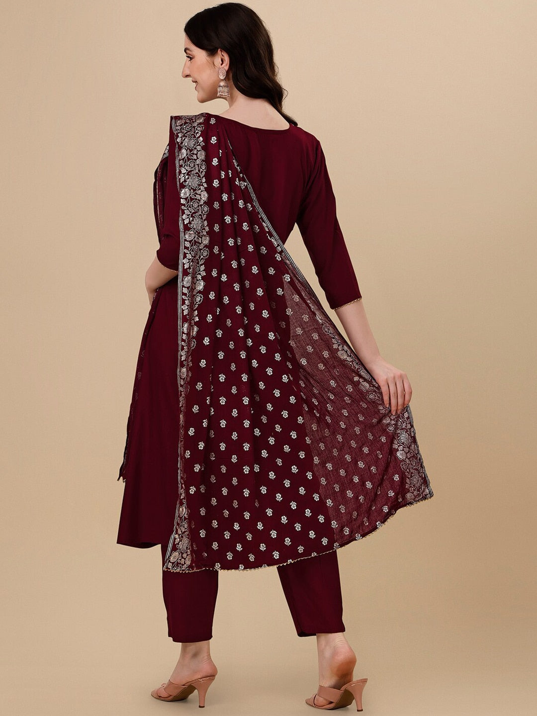 HERE&NOW Maroon & White Gotta Patti Kurta with Trousers & Dupatta