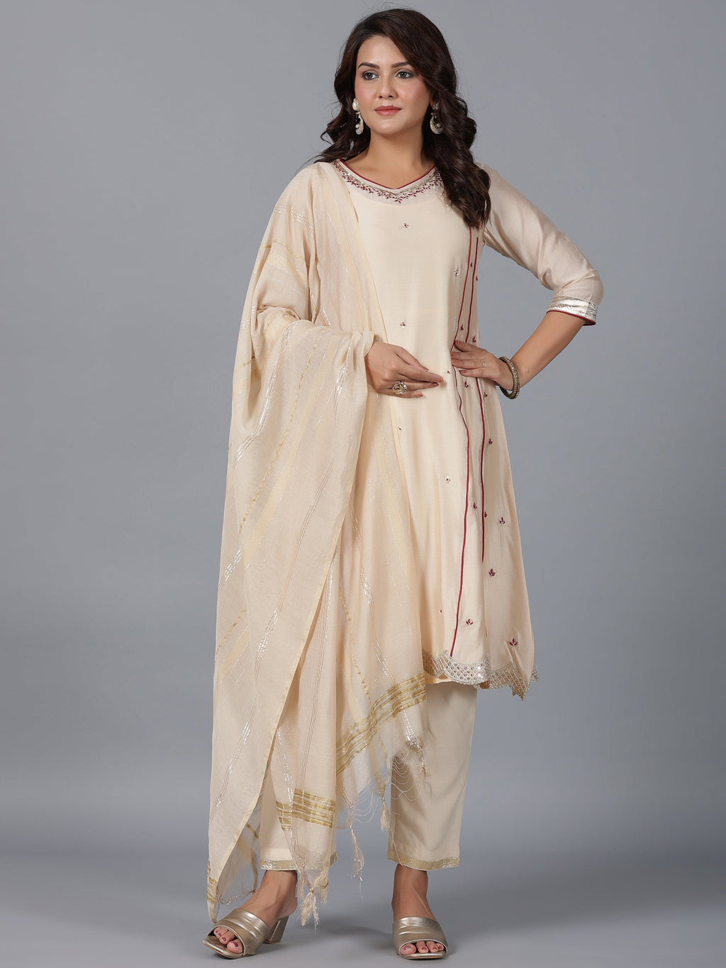 Juniper Women Beige Chanderi Embroidered Kurta, Pants & Dupatta Set