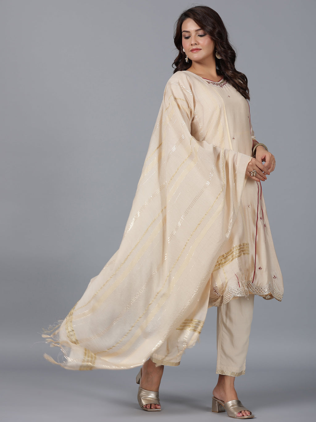 Juniper Women Beige Chanderi Embroidered Kurta, Pants & Dupatta Set