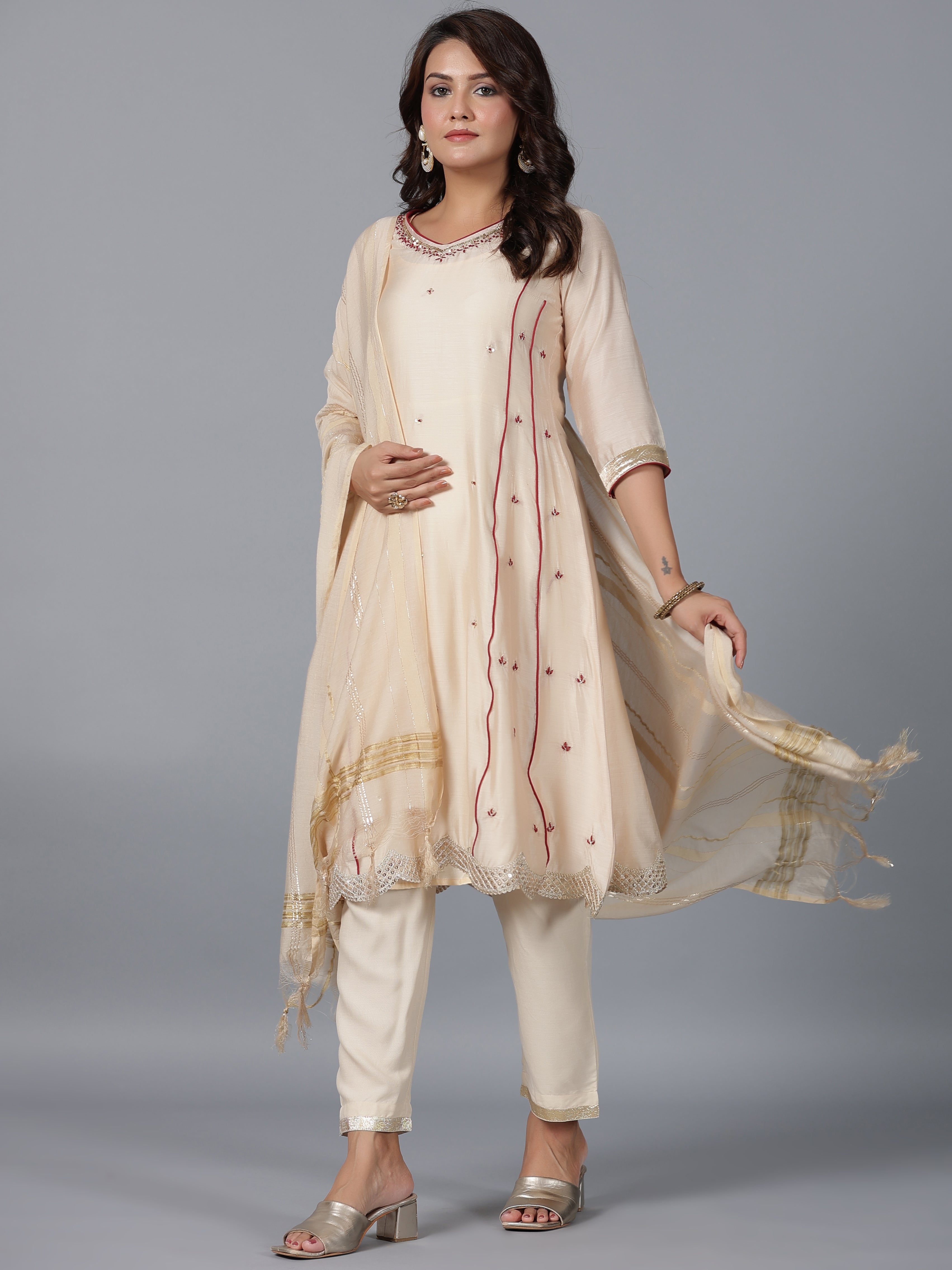 Juniper Women Beige Chanderi Embroidered Kurta, Pants & Dupatta Set