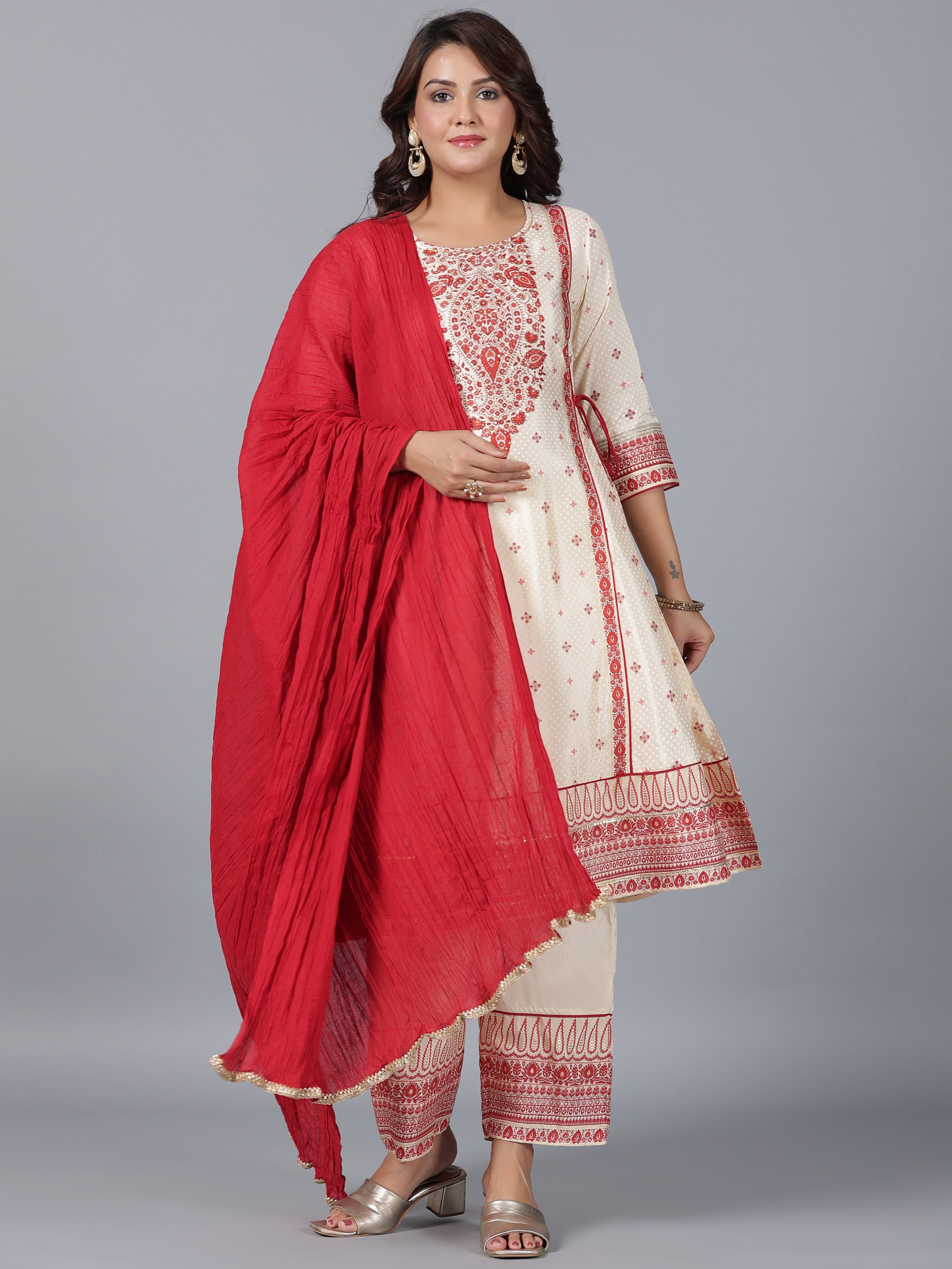 Juniper Women Beige Viscose Shantoon Printed Kurta, Pants & Dupatta Set