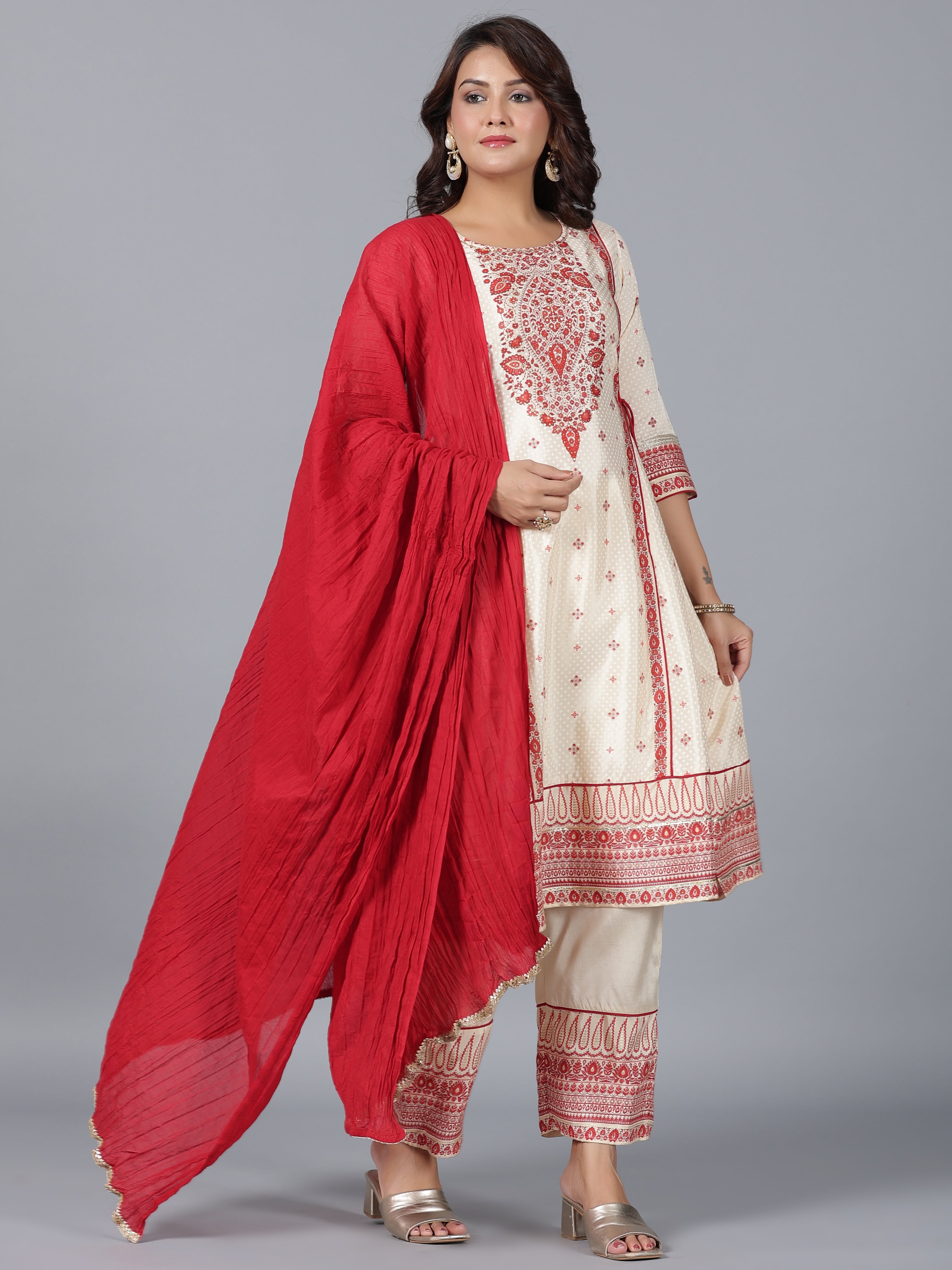 Juniper Women Beige Viscose Shantoon Printed Kurta, Pants & Dupatta Set
