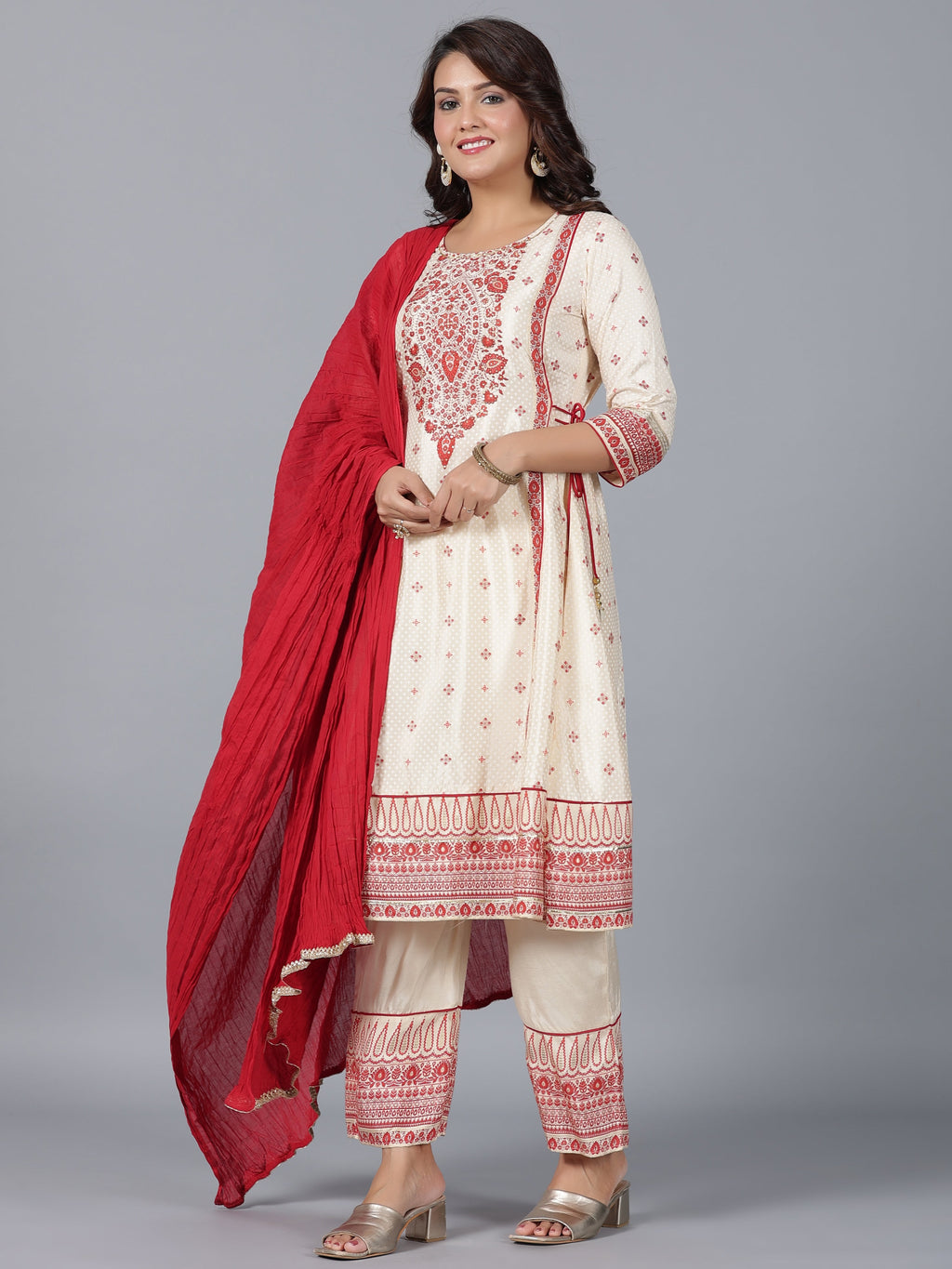 Juniper Women Beige Viscose Shantoon Printed Kurta, Pants & Dupatta Set
