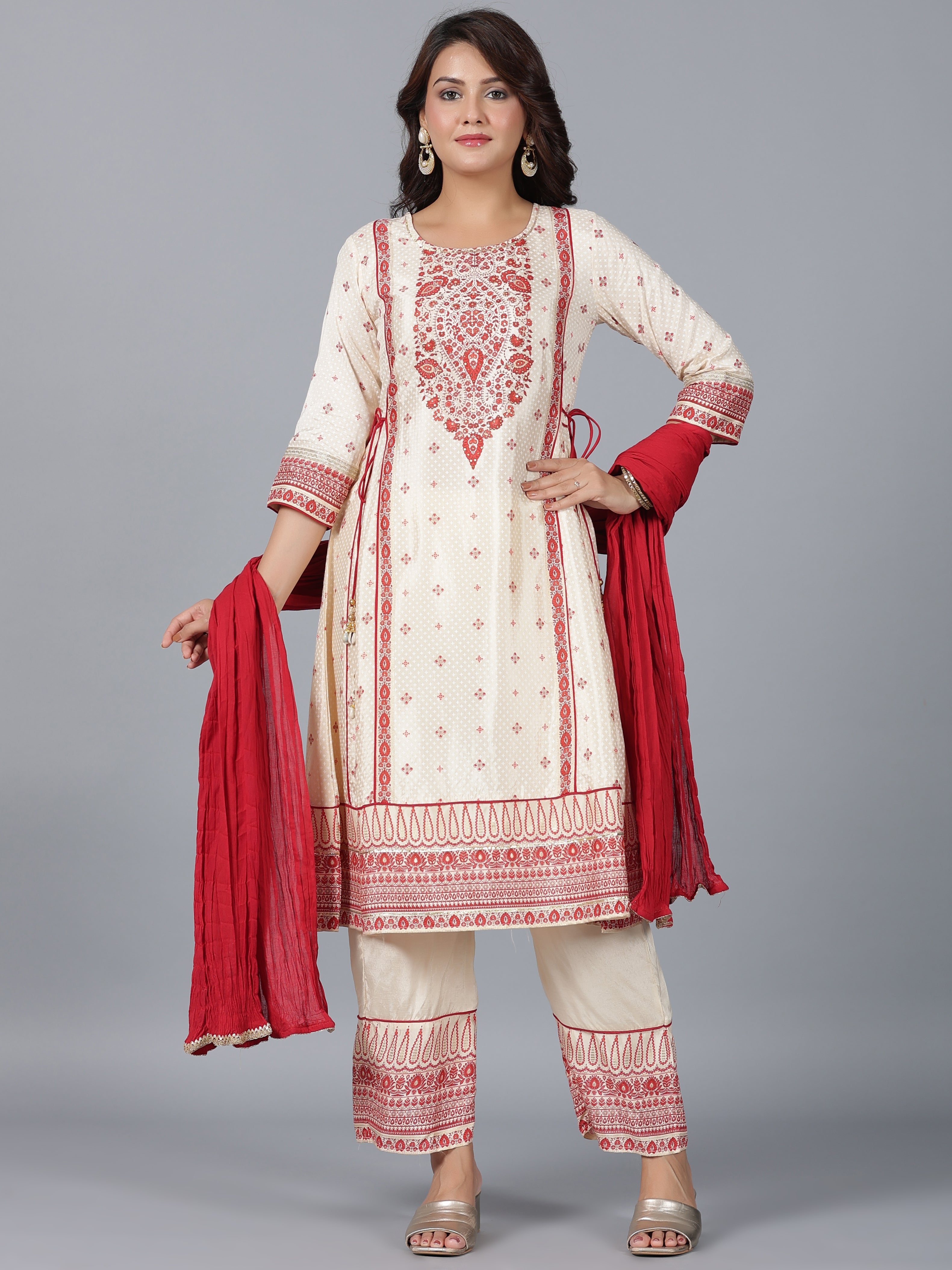 Juniper Women Beige Viscose Shantoon Printed Kurta, Pants & Dupatta Set