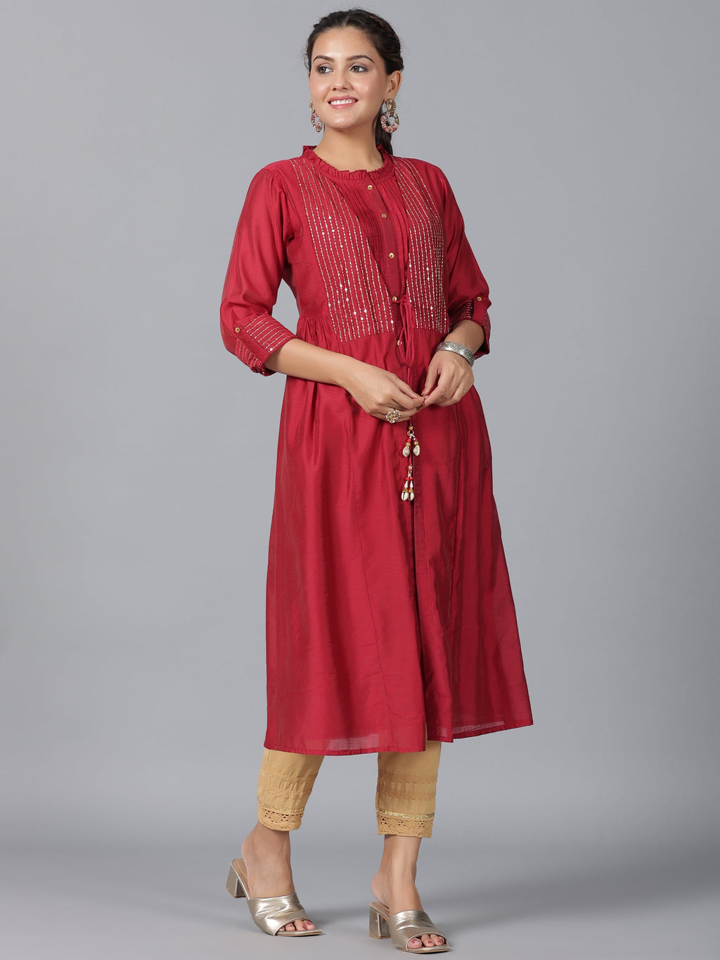 Juniper Women Maroon Chanderi Embroidered Jacket Style Kurta Dress