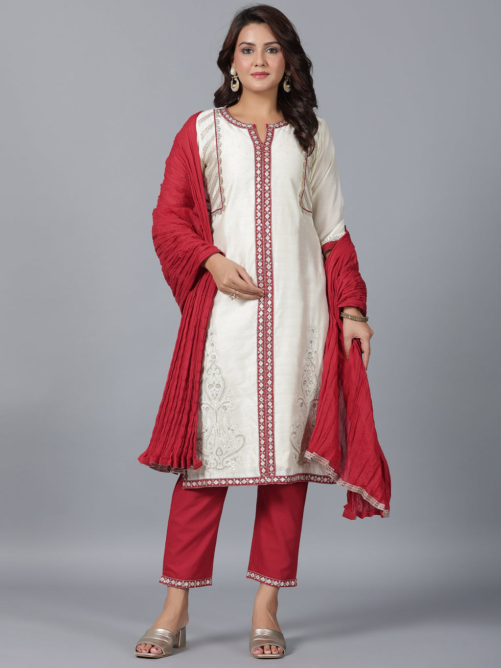 Juniper Women Ivory Chanderi Embroidered Kurta, Pants & Dupatta Set