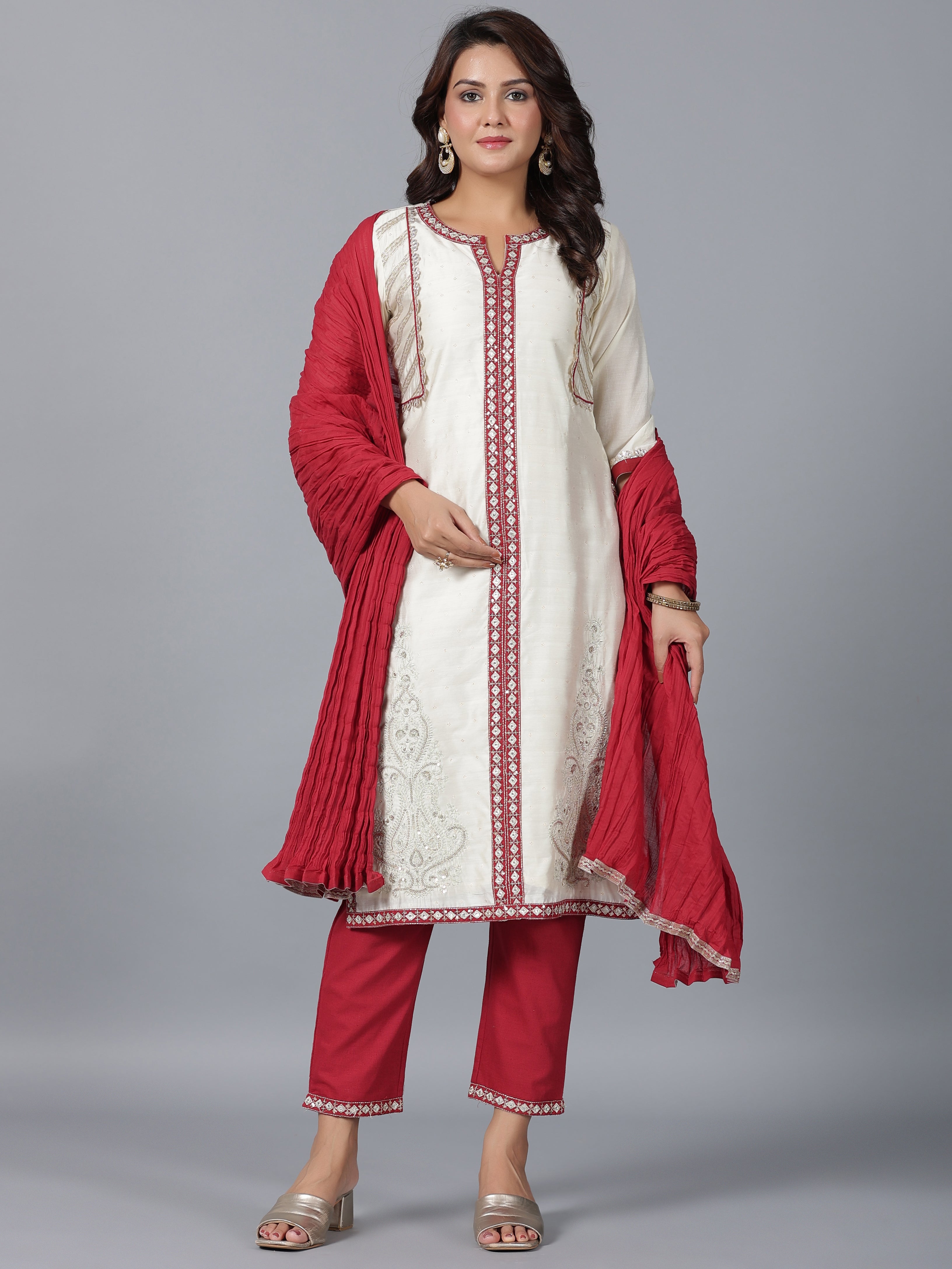 Juniper Women Ivory Chanderi Embroidered Kurta, Pants & Dupatta Set