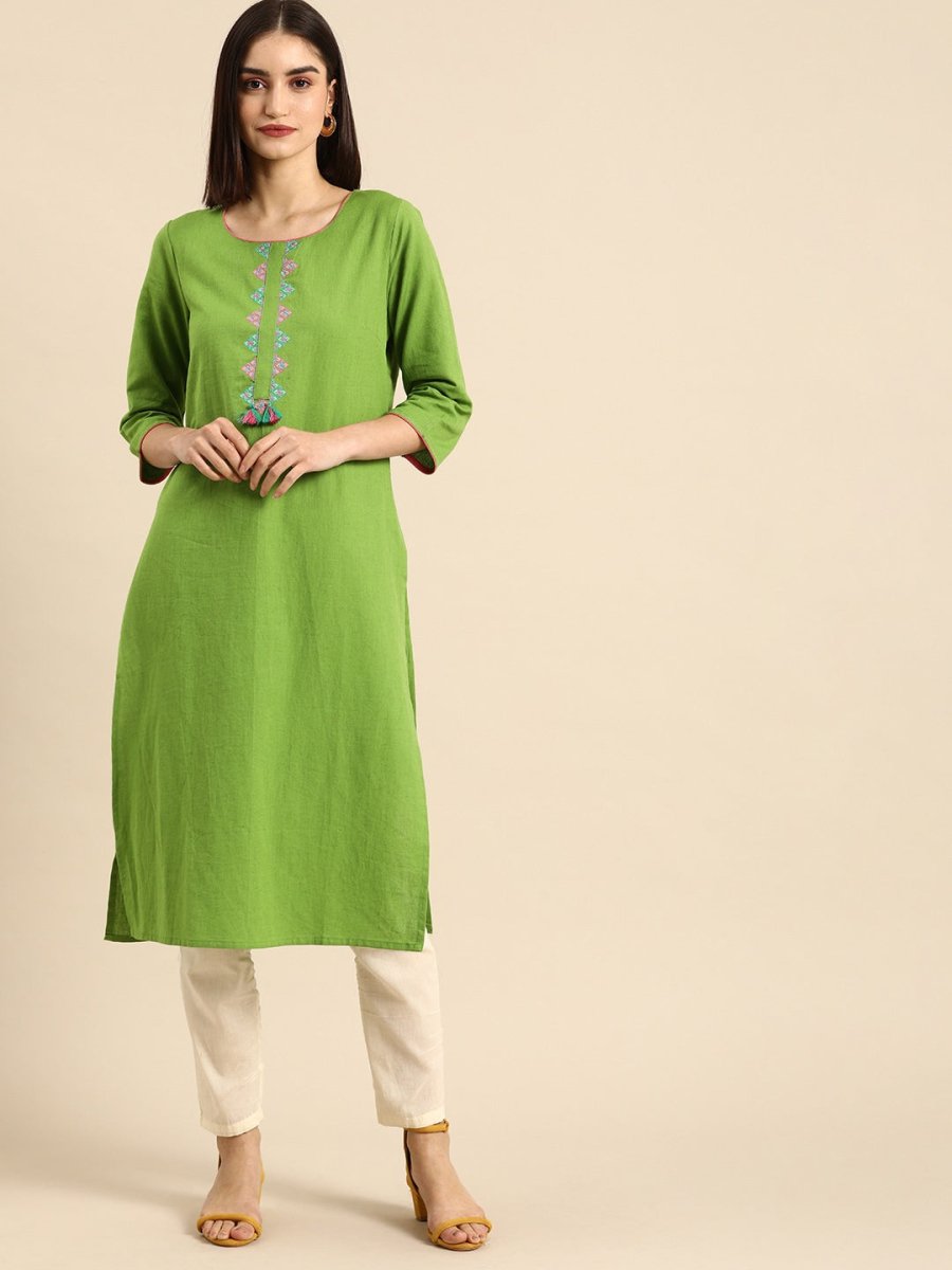 All About You Women Green & Pink Ethnic Motifs Yoke Design Thread Work Pure Cotton Kurta
