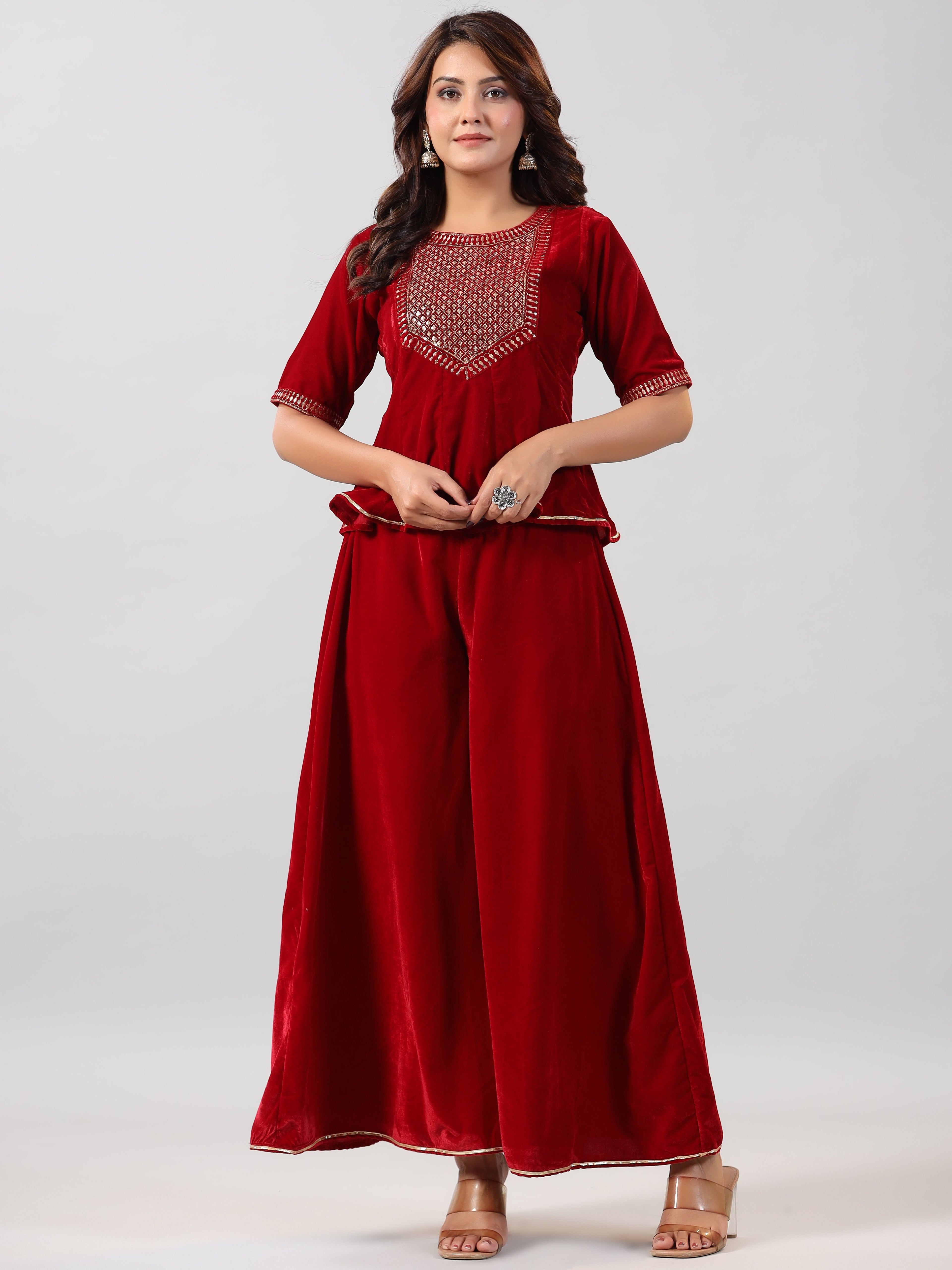 Juniper Women Maroon Velvet Embroidered Clothing Set
