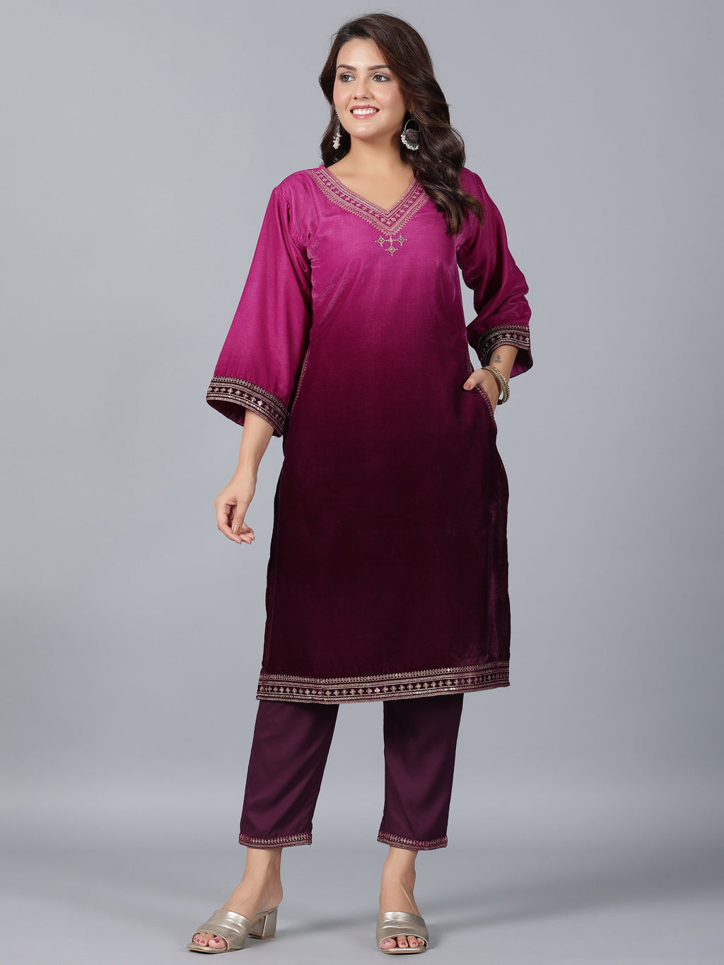 Juniper Women Purple Velvet Embroidered Kurta & Pants Set