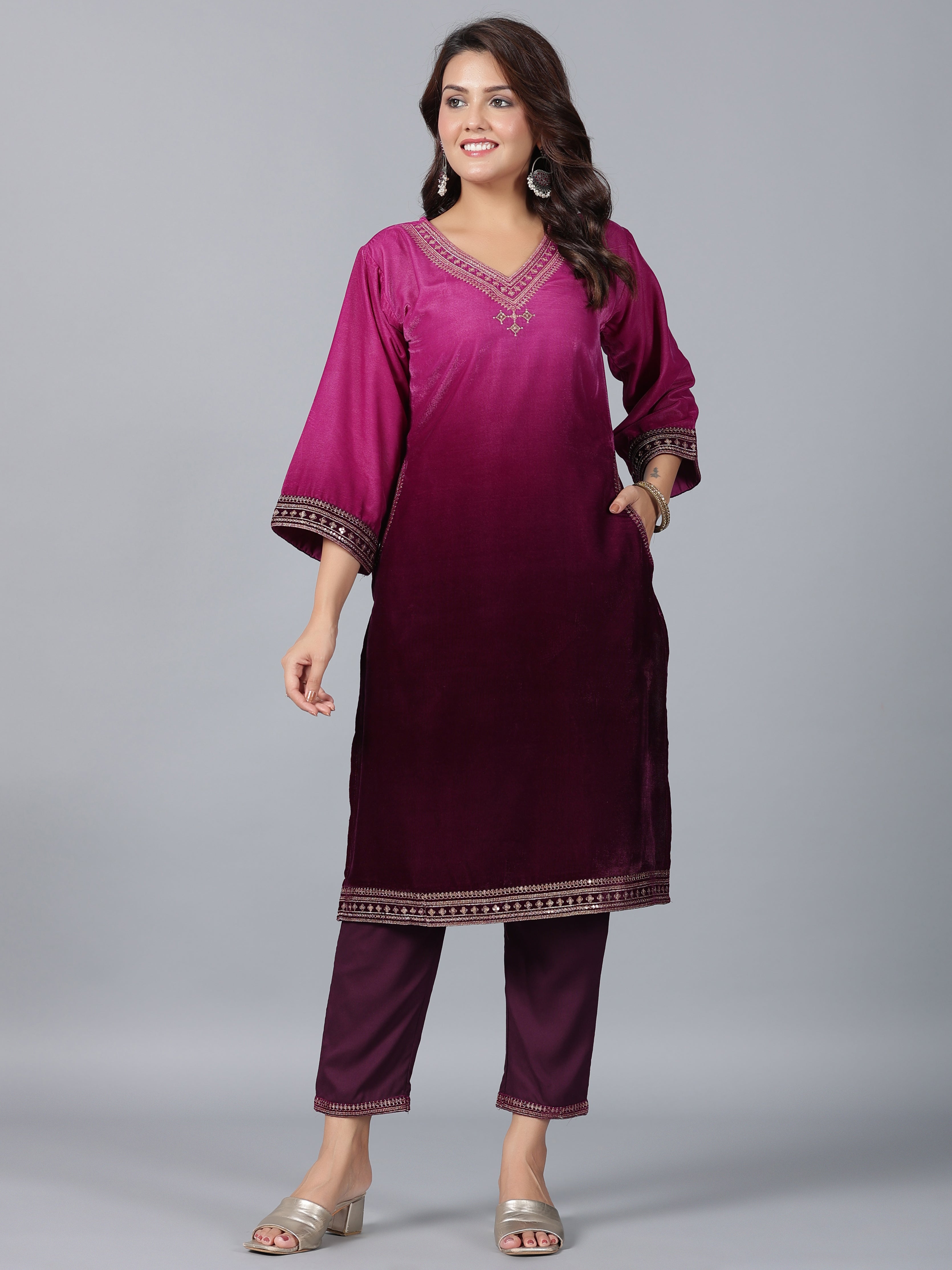 Juniper Women Purple Velvet Embroidered Kurta & Pants Set