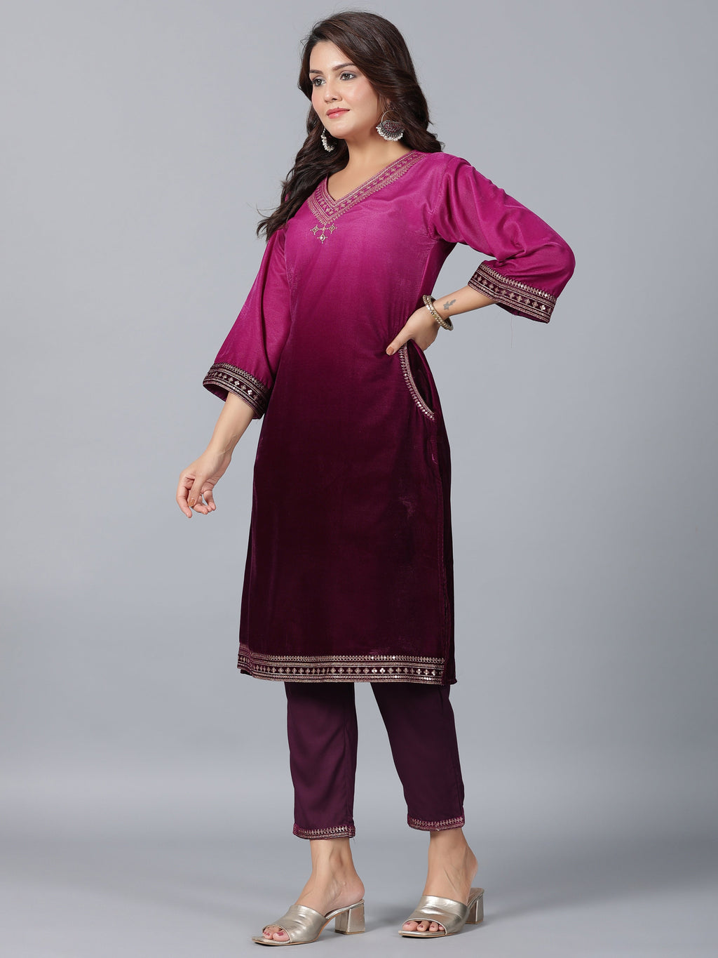 Juniper Women Purple Velvet Embroidered Kurta & Pants Set