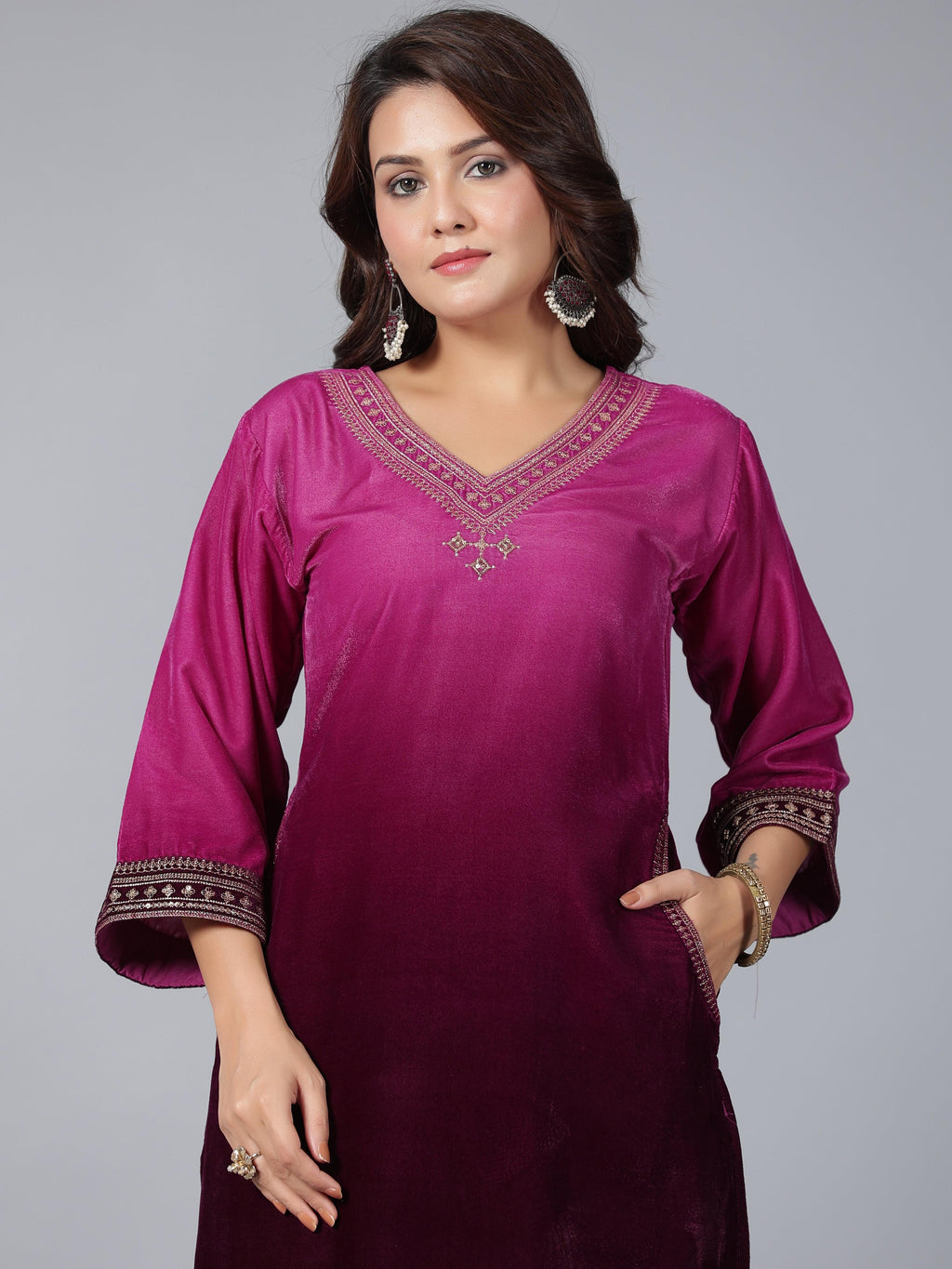 Juniper Women Purple Velvet Embroidered Kurta & Pants Set