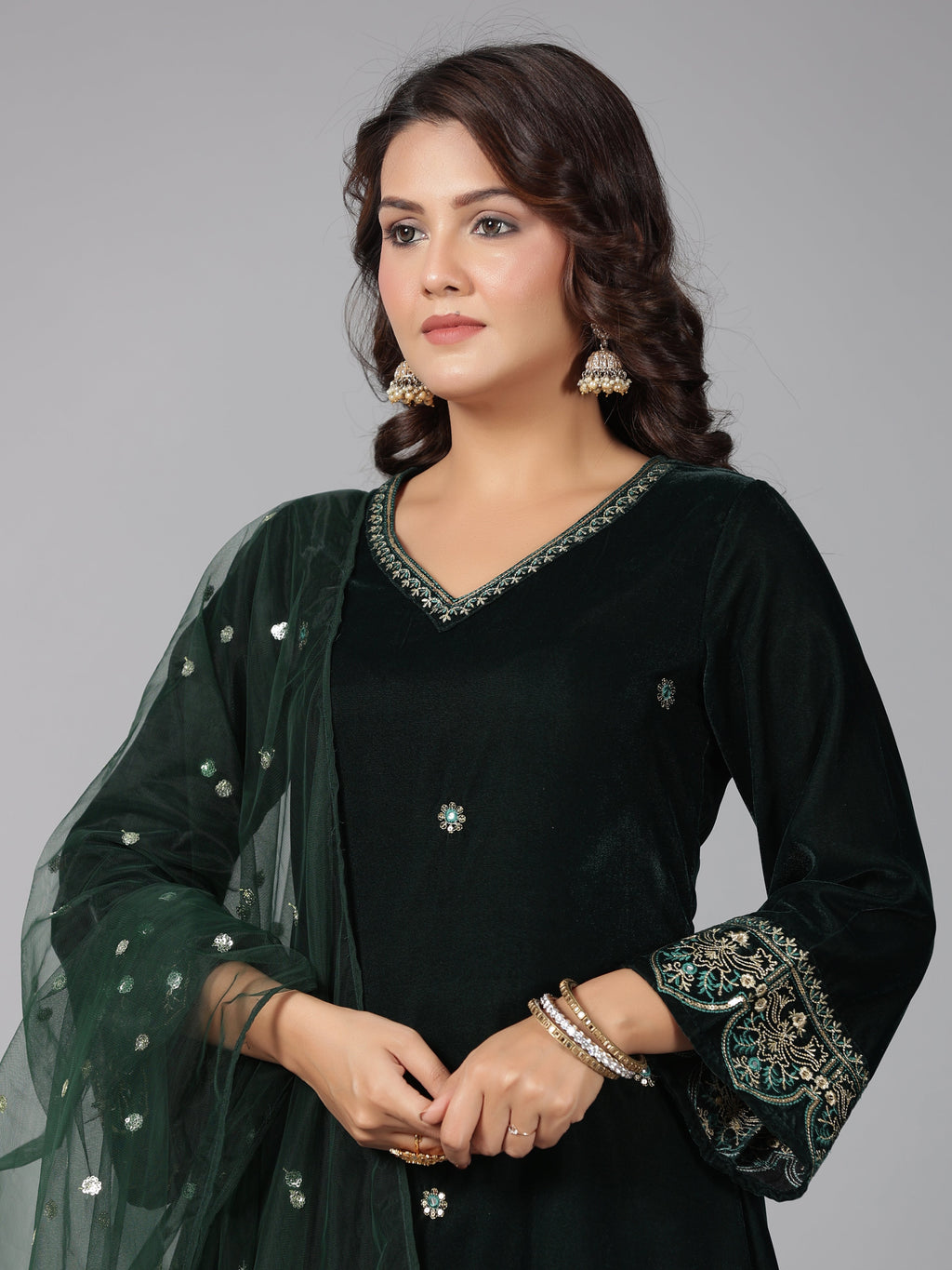 Juniper Women Bottlegreen Velvet Embroidered Kurta, Pants & Dupatta Set