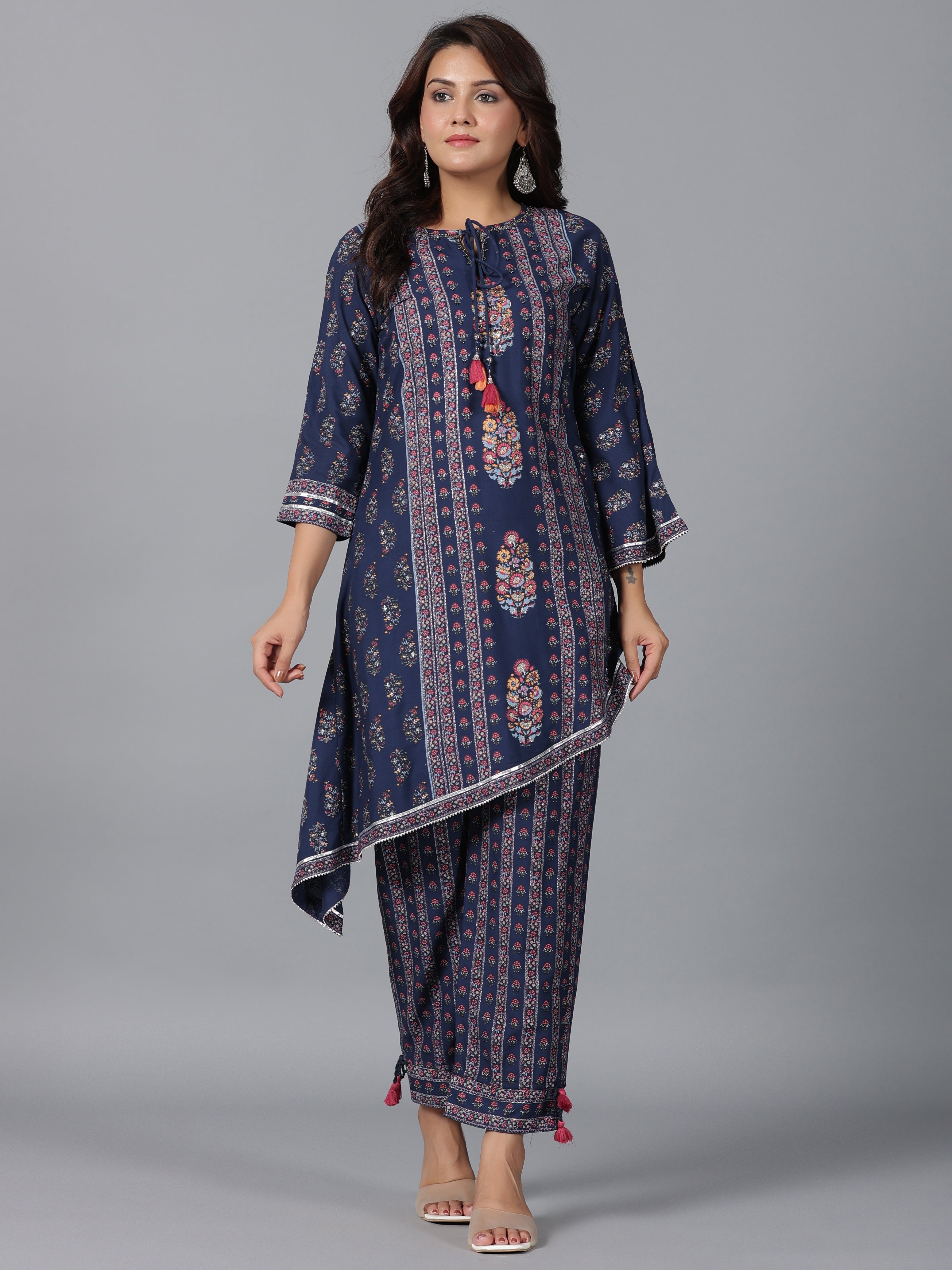 Juniper Women Navy Blue Rayon Printed Kurta Pant Set