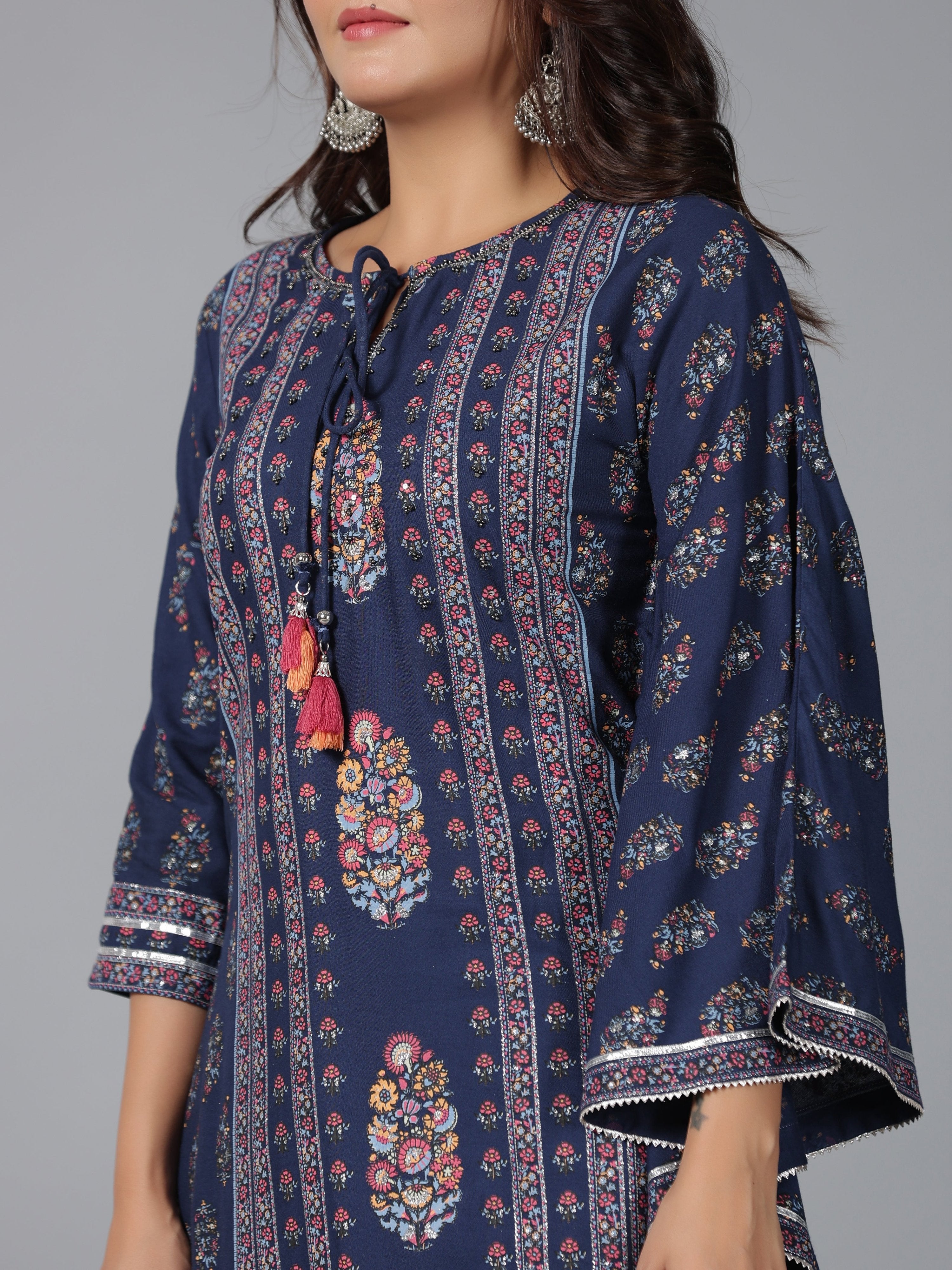 Juniper Women Navy Blue Rayon Printed Kurta Pant Set