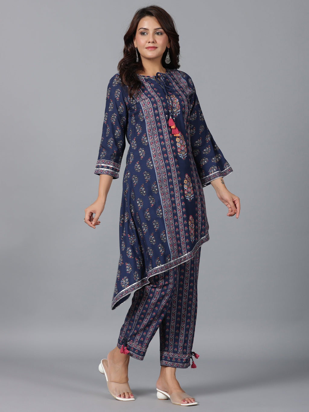 Juniper Women Navy Blue Rayon Printed Kurta Pant Set