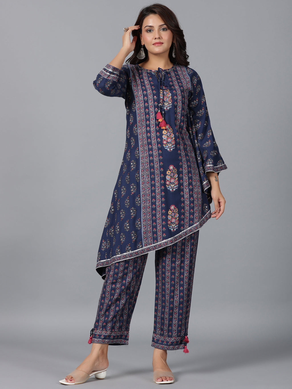 Juniper Women Navy Blue Rayon Printed Kurta Pant Set