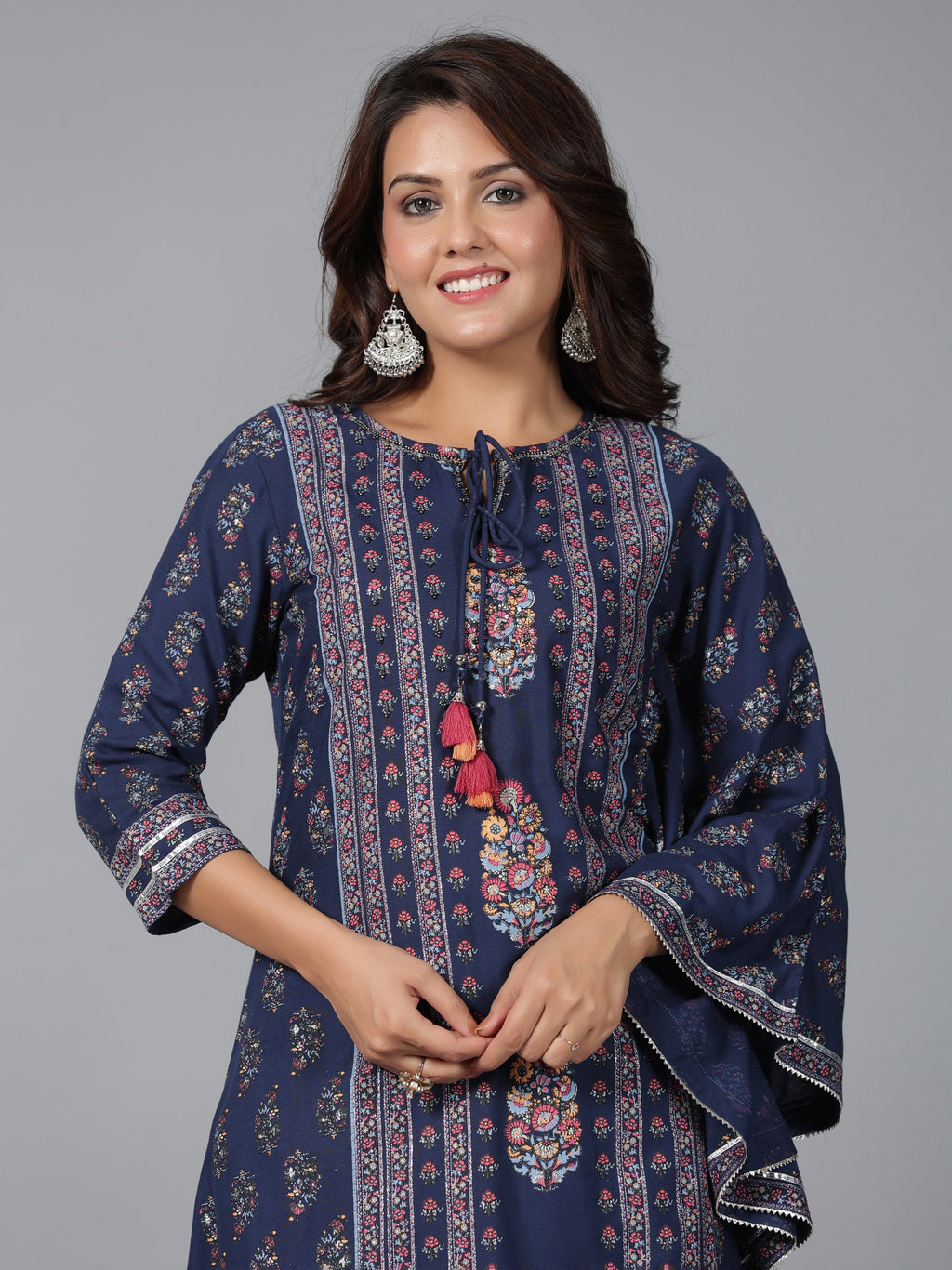 Juniper Women Navy Blue Rayon Printed Kurta Pant Set