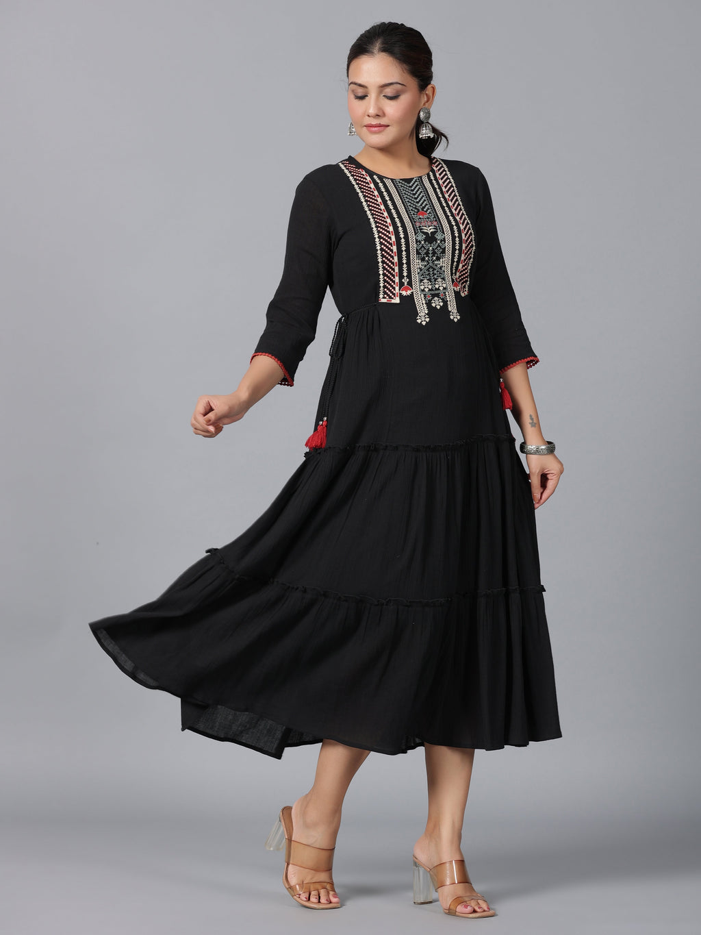 Juniper Women Black Cotton Crepe Embroidered Tiered Maxi Dress