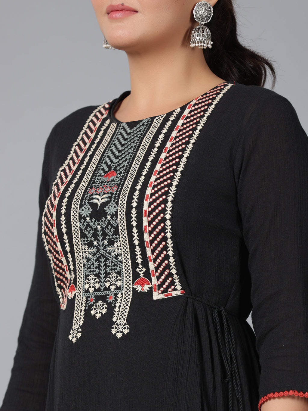 Juniper Women Black Cotton Crepe Embroidered Tiered Maxi Dress