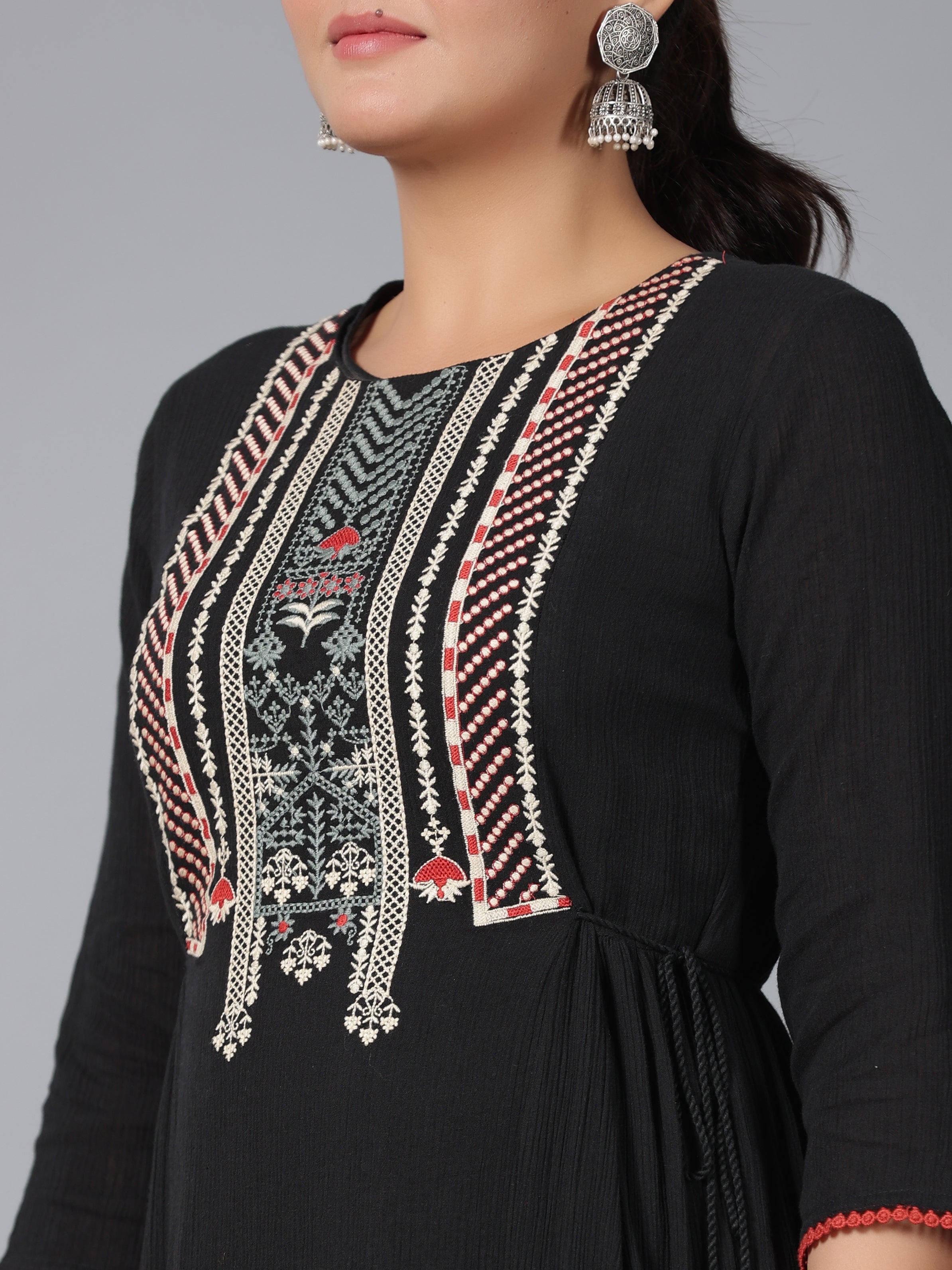 Juniper Women Black Cotton Crepe Embroidered Tiered Maxi Dress
