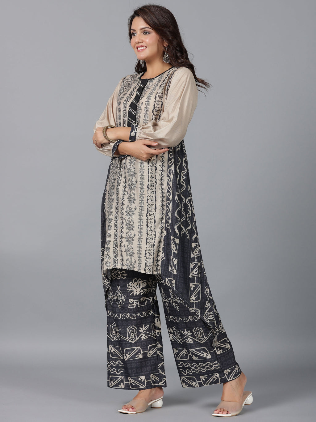 Juniper Women Beige Muslin Printed Kurta & Pants Set