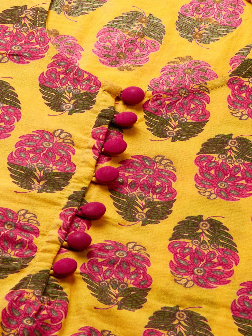 HERE&NOW Women Yellow & Pink Ethnic Motifs Pure Cotton Printed Kurta